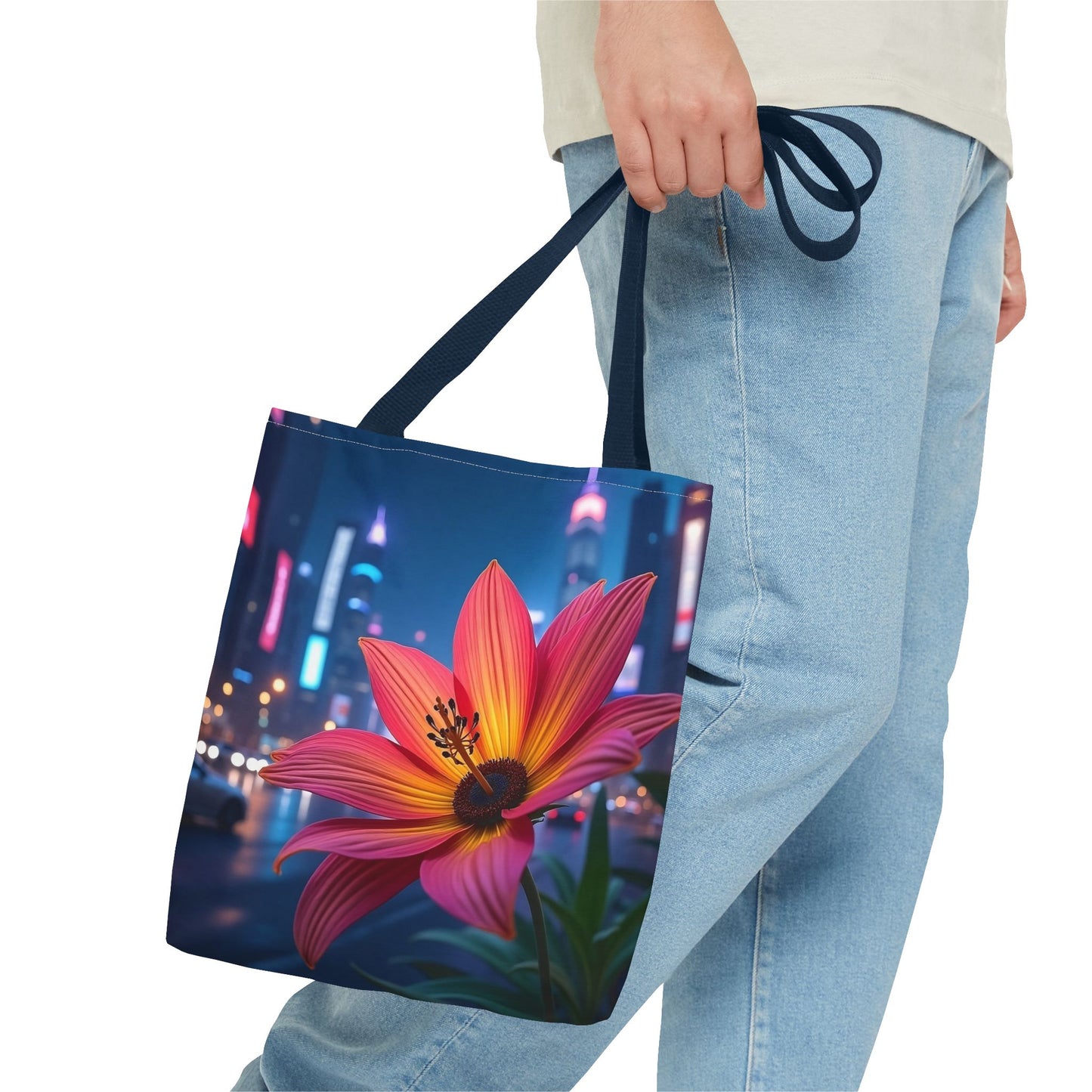 AI-Generated Flower in Neon Cityscape Tote Bag