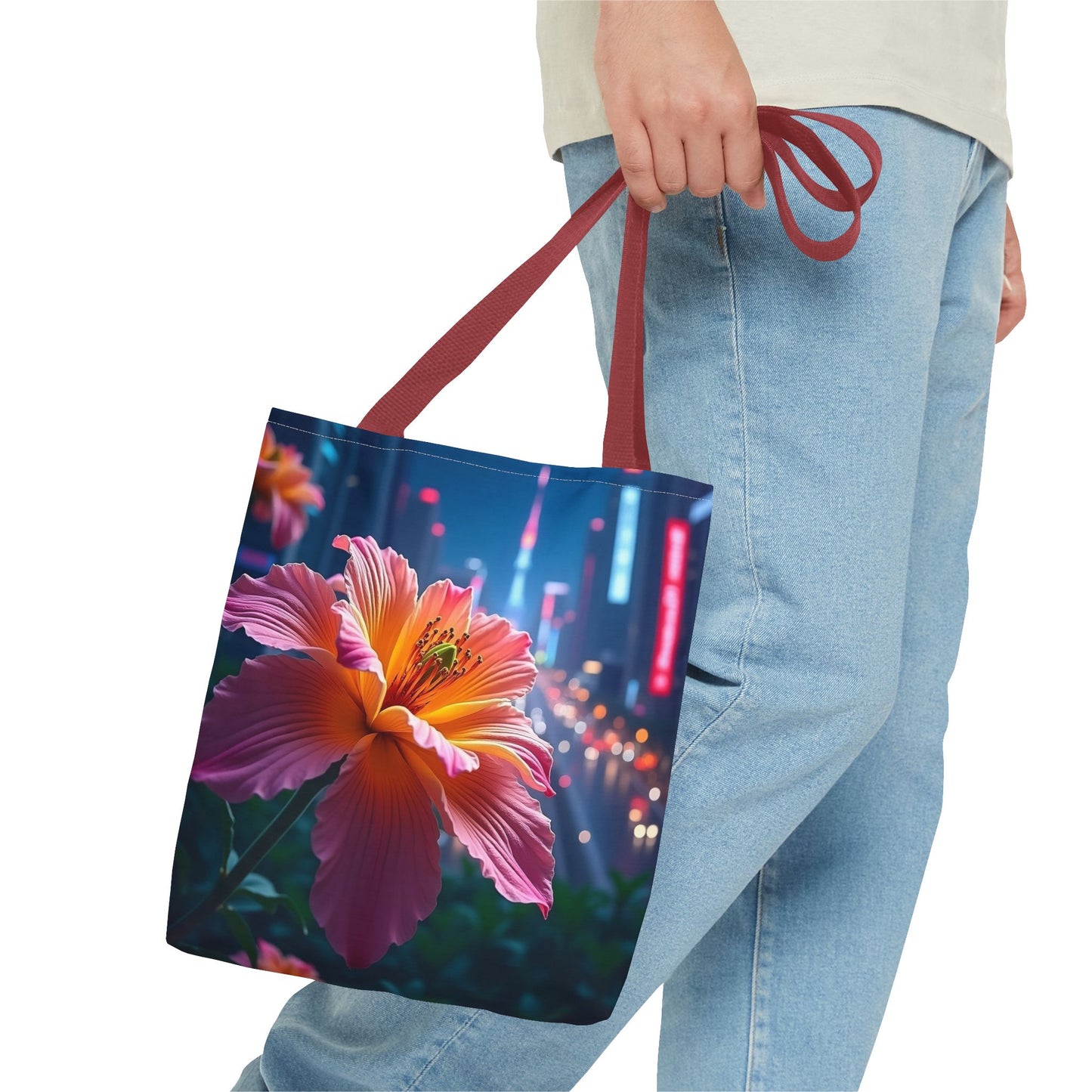 AI-Generated Flower in Neon Cityscape Tote Bag