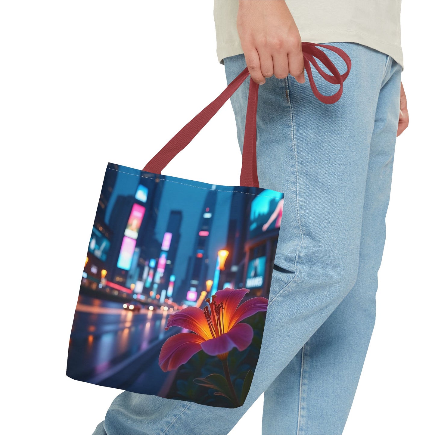 AI-Generated Flower in Neon Cityscape Tote Bag