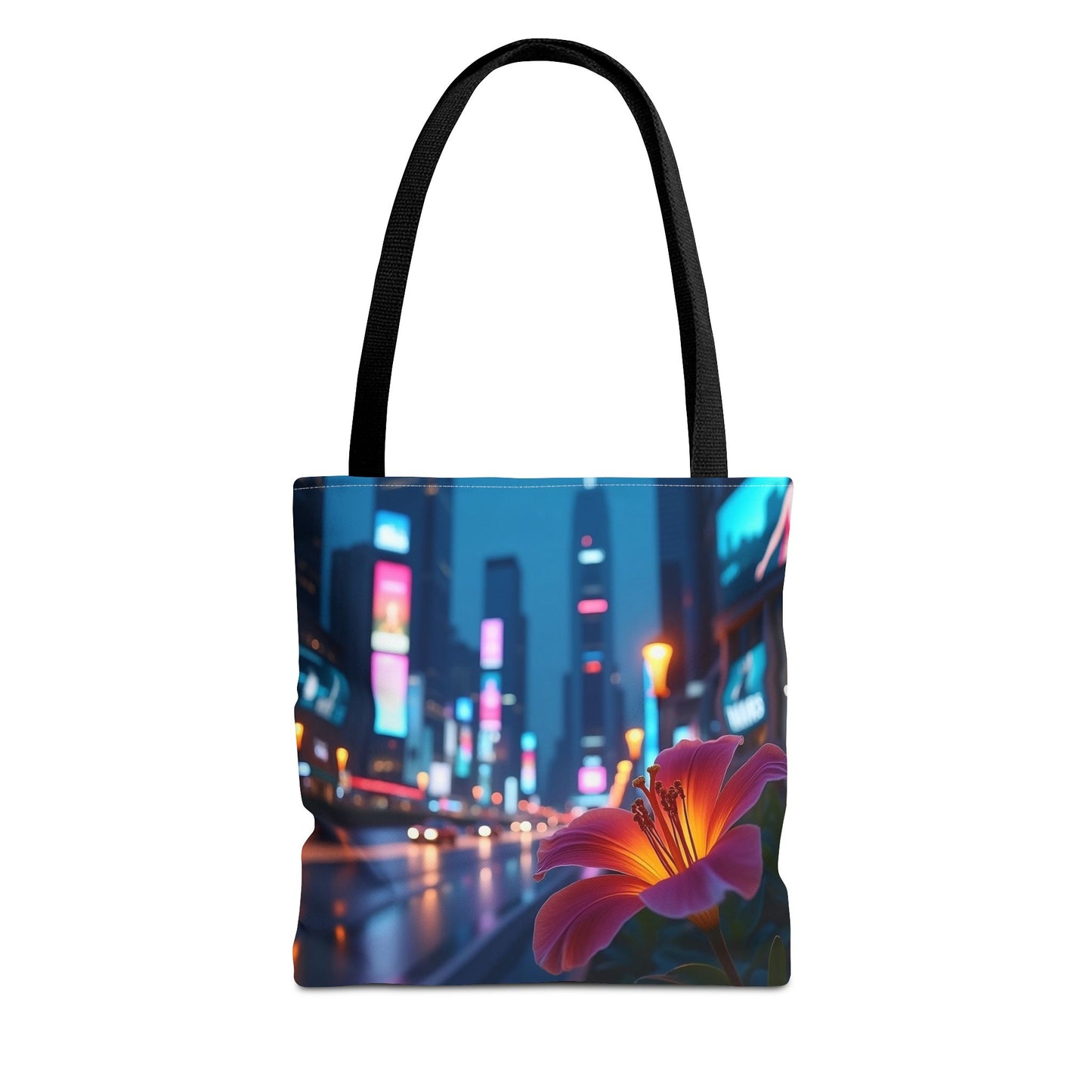 AI-Generated Flower in Neon Cityscape Tote Bag