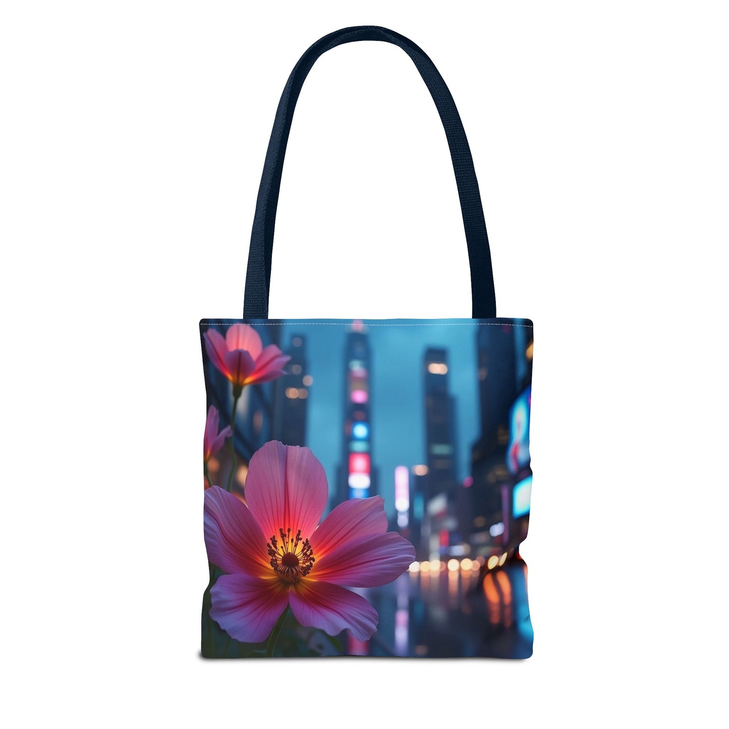 AI-Generated Flower in Neon Cityscape Tote Bag