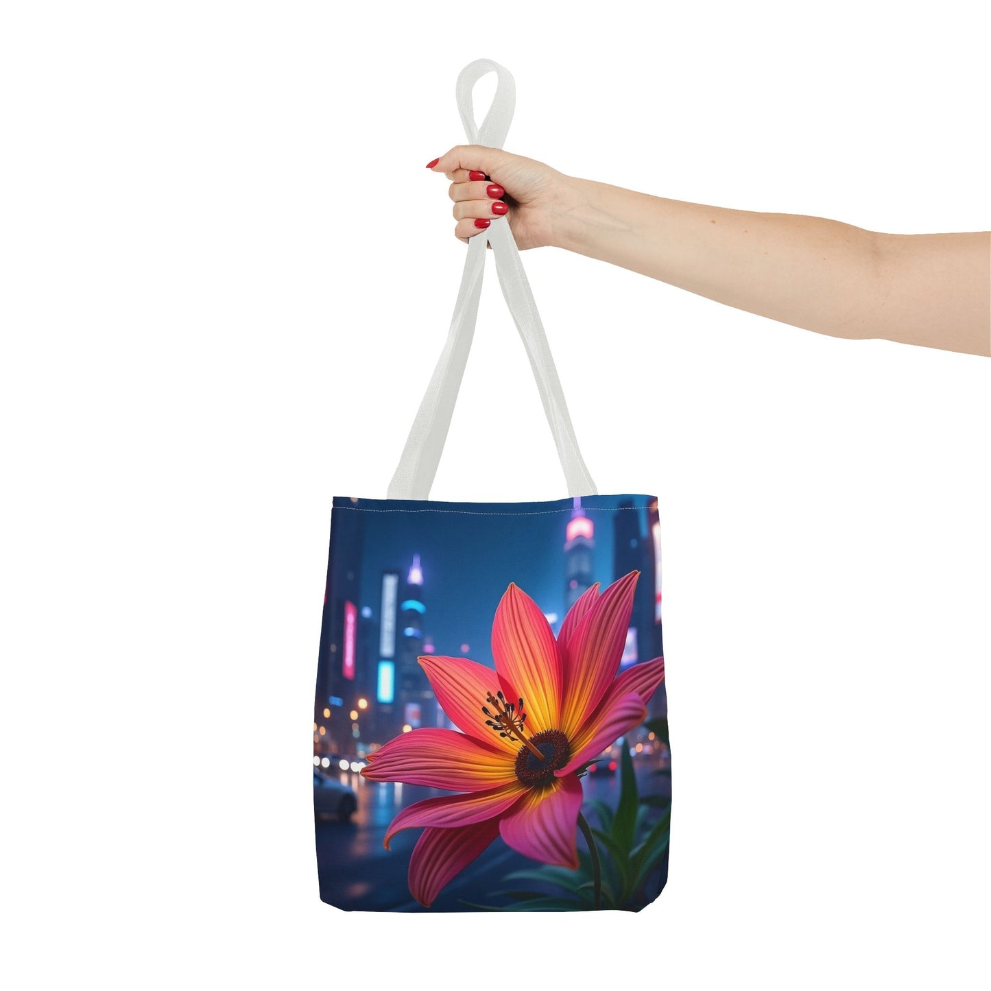 AI-Generated Flower in Neon Cityscape Tote Bag