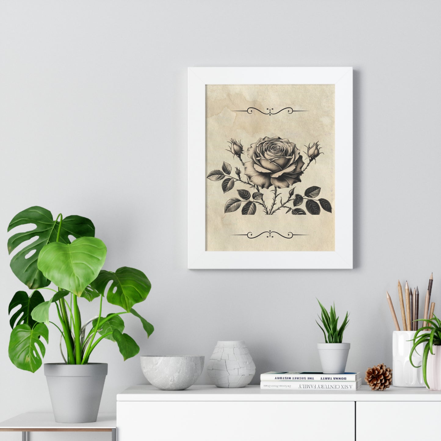 Vintage Black and grey Rose framed Vertical Poster