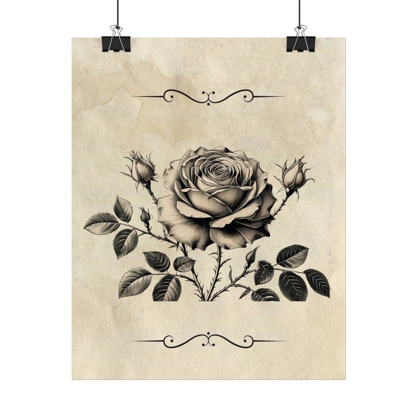 Poster Print - Vintage Black and Grey Rose Design