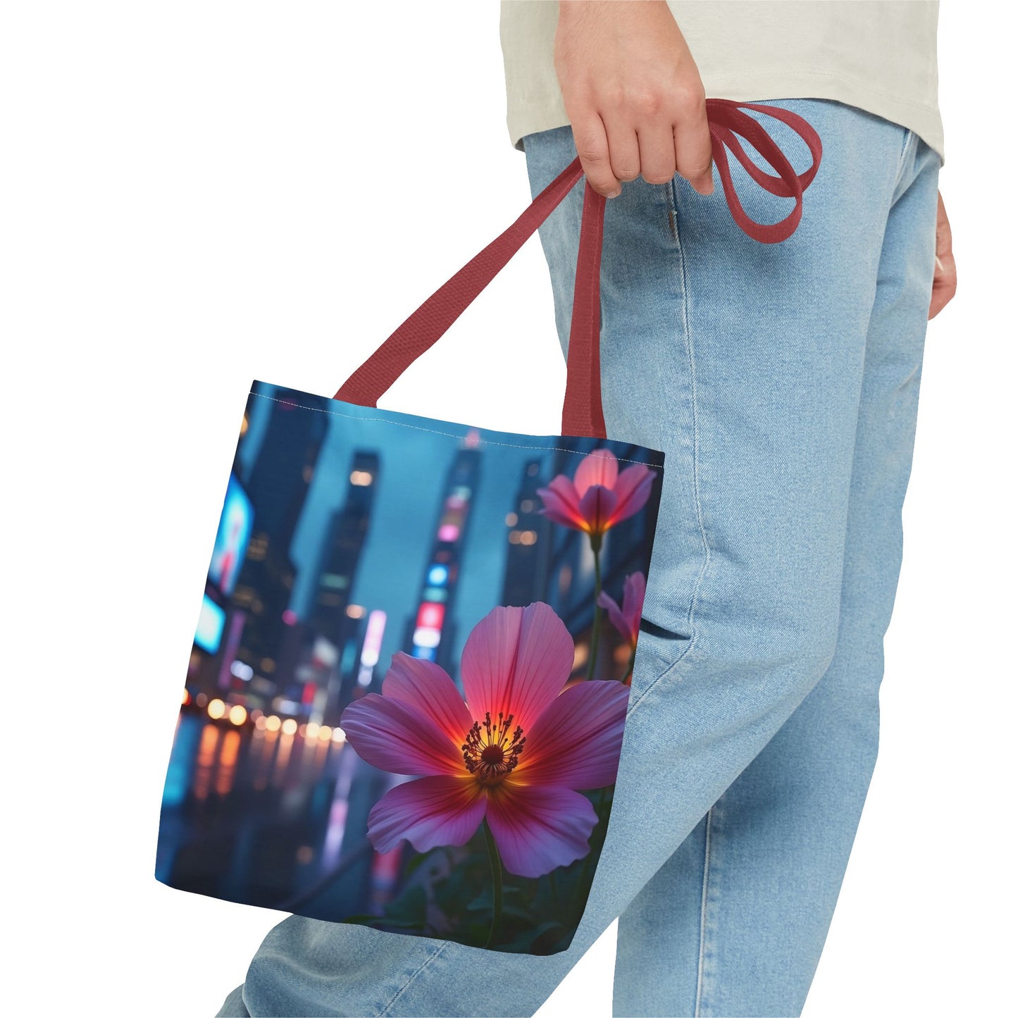 AI-Generated Flower in Neon Cityscape Tote Bag