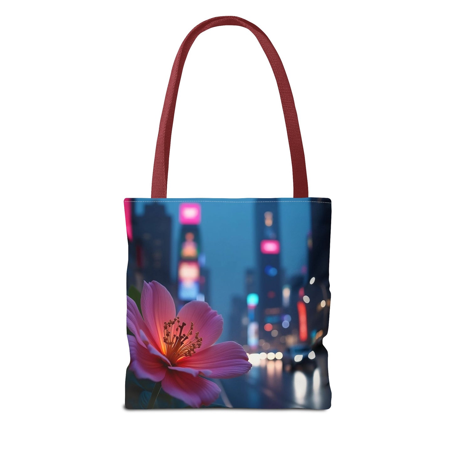 AI-Generated Flower in Neon Cityscape Tote Bag