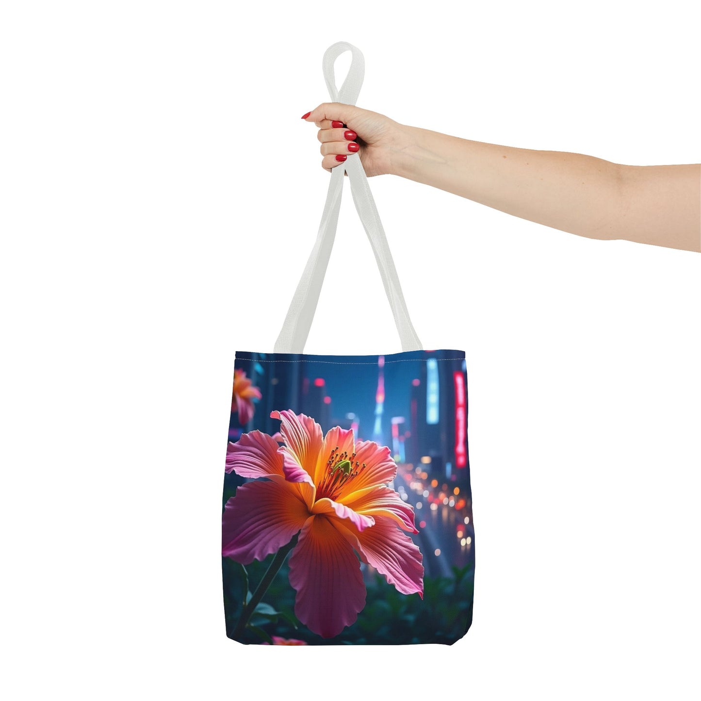 AI-Generated Flower in Neon Cityscape Tote Bag