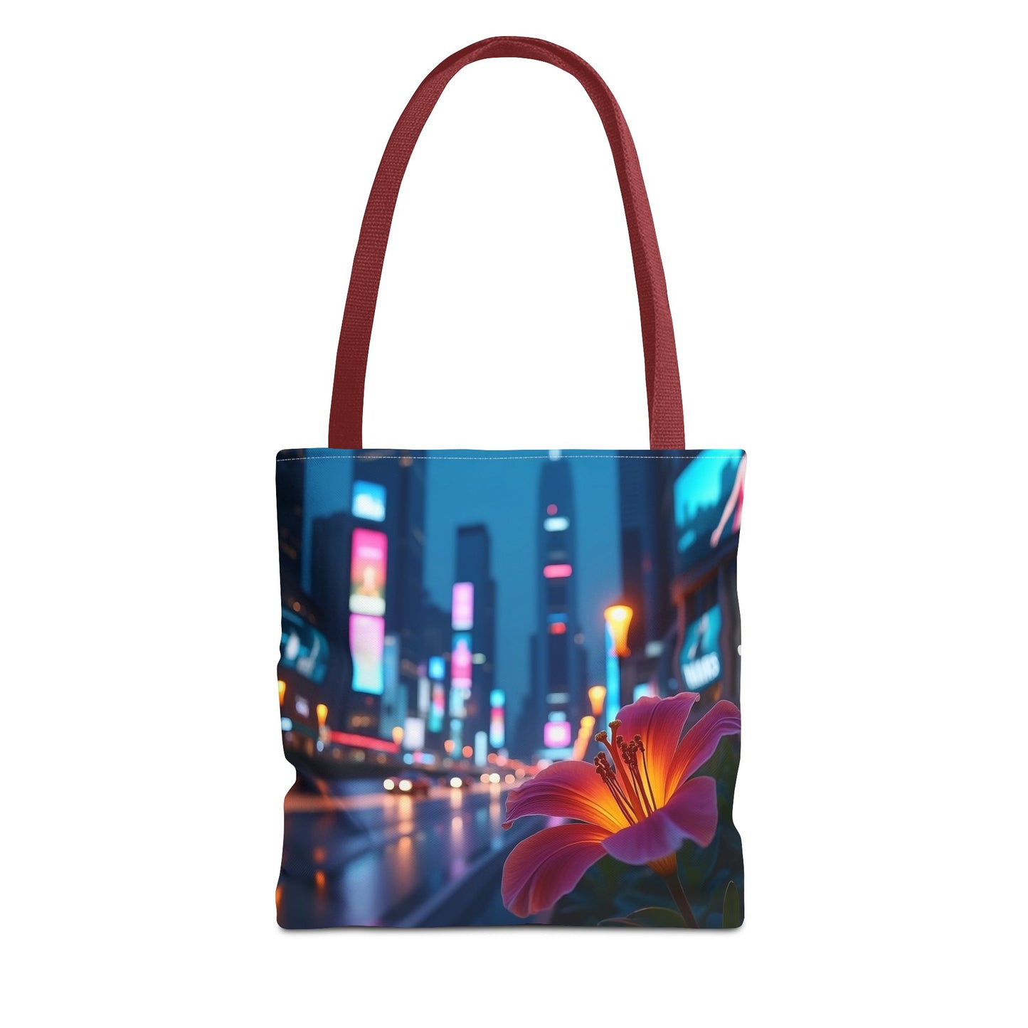 AI-Generated Flower in Neon Cityscape Tote Bag