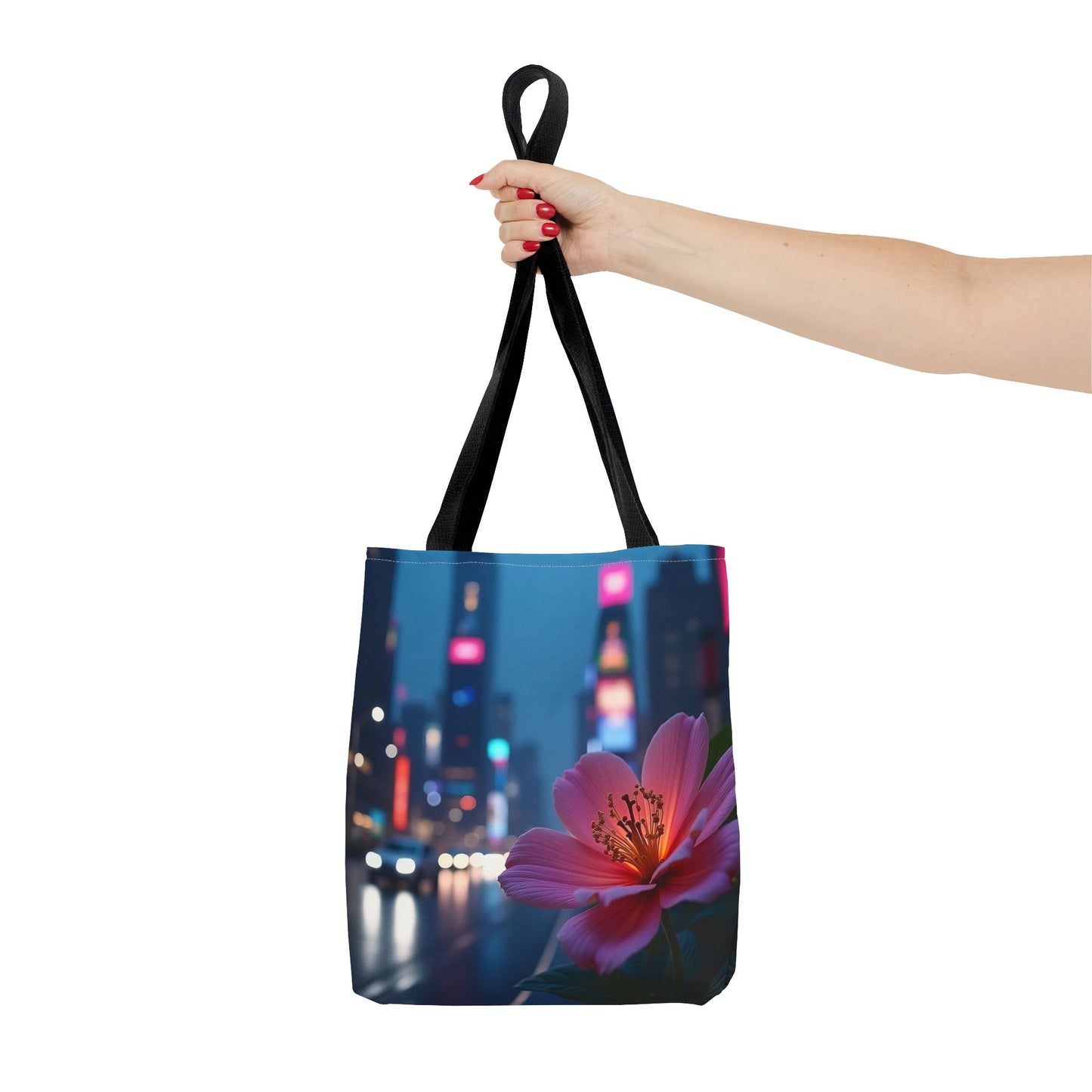AI-Generated Flower in Neon Cityscape Tote Bag