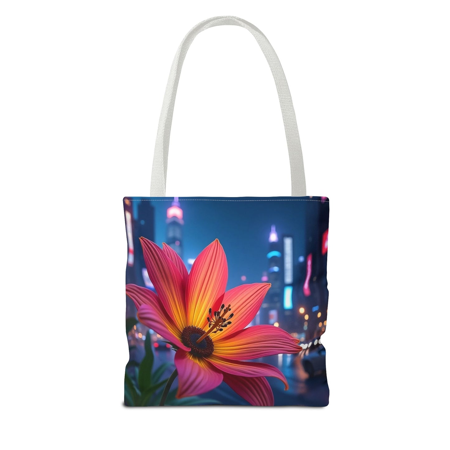 AI-Generated Flower in Neon Cityscape Tote Bag