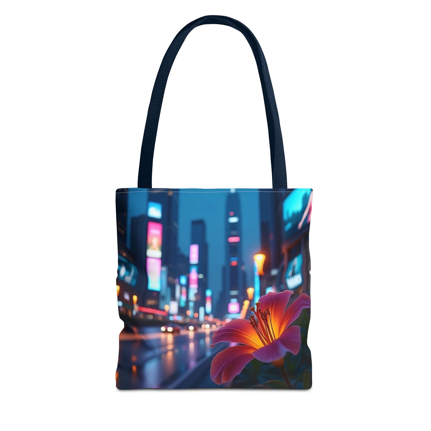 AI-Generated Flower in Neon Cityscape Tote Bag