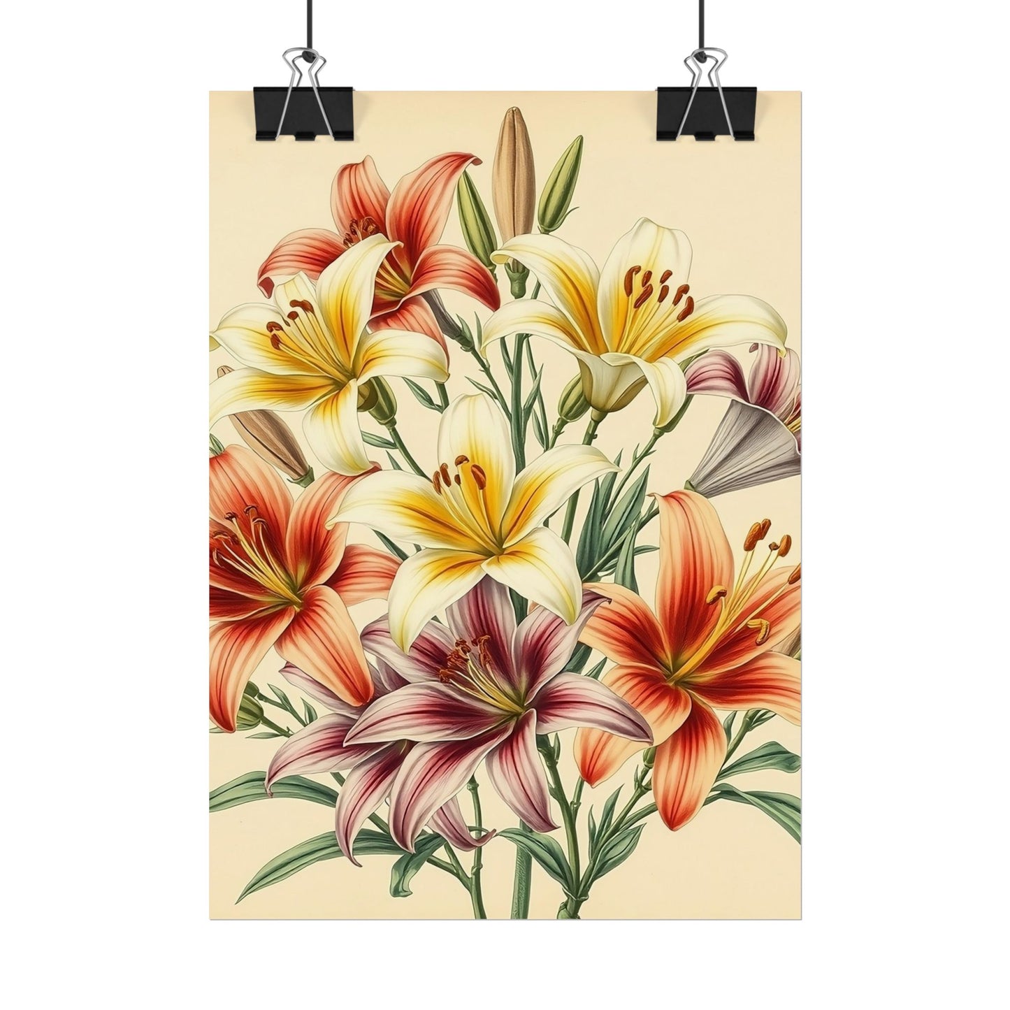 Poster Print - Vintage Red Yellow Orange Lilies