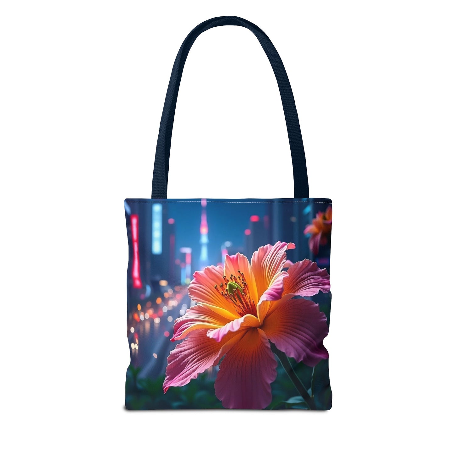 AI-Generated Flower in Neon Cityscape Tote Bag