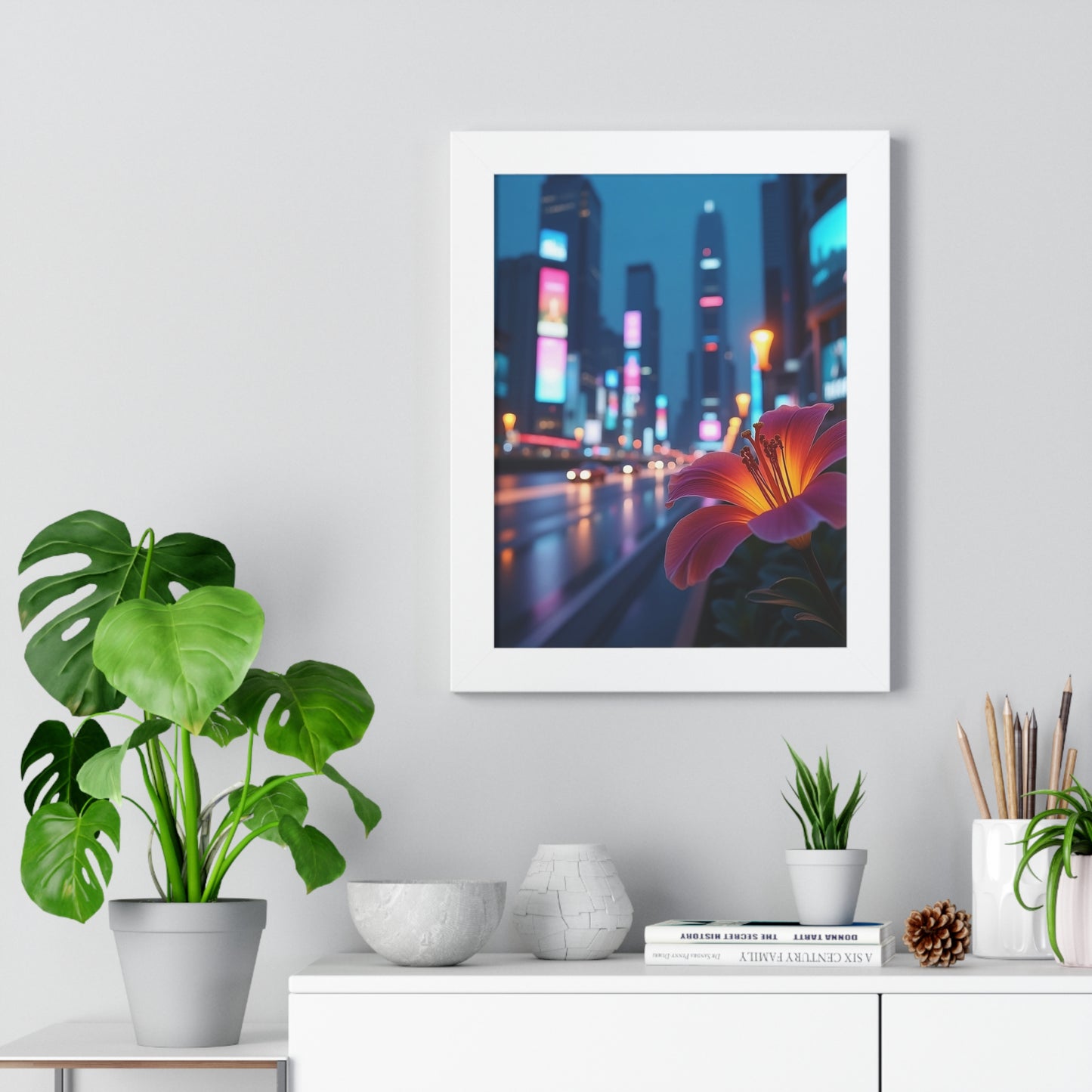 Framed Poster - AI-Generated Vivid Flower and Neon Cityscape Design
