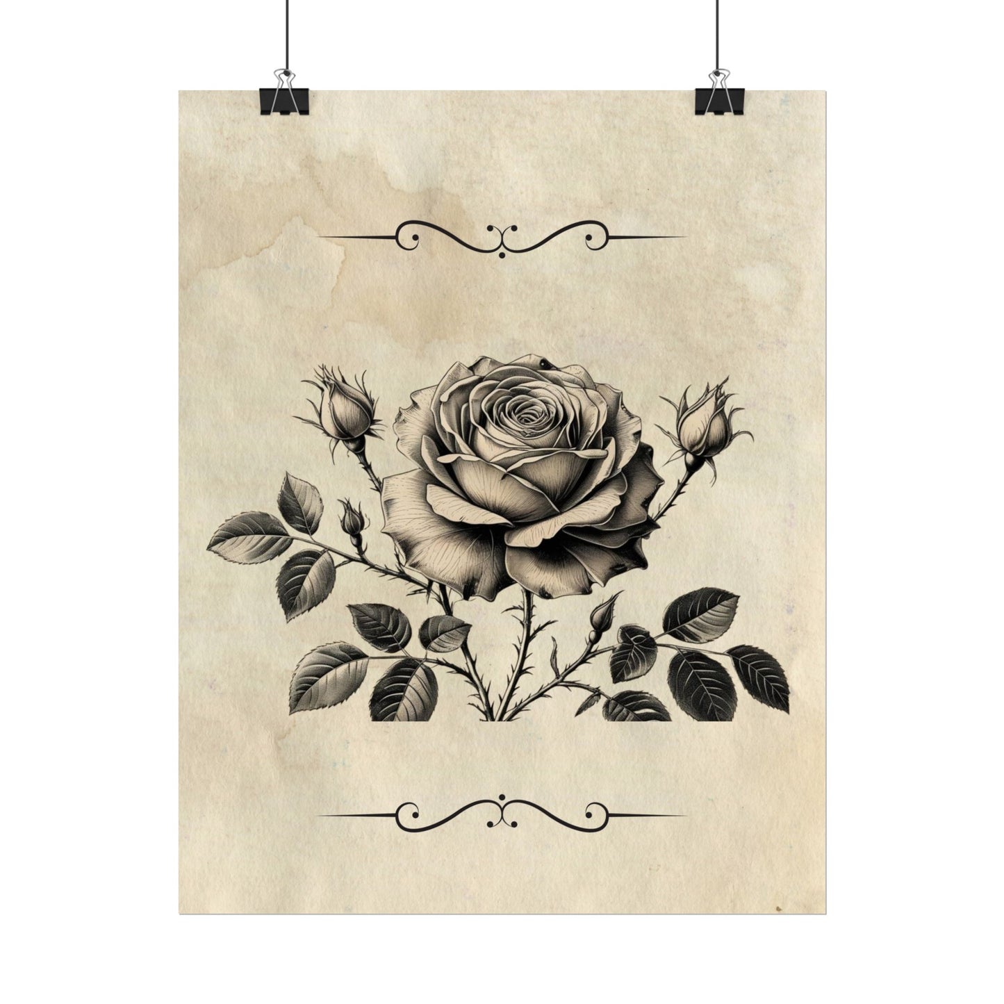 Poster Print - Vintage Black and Grey Rose Design