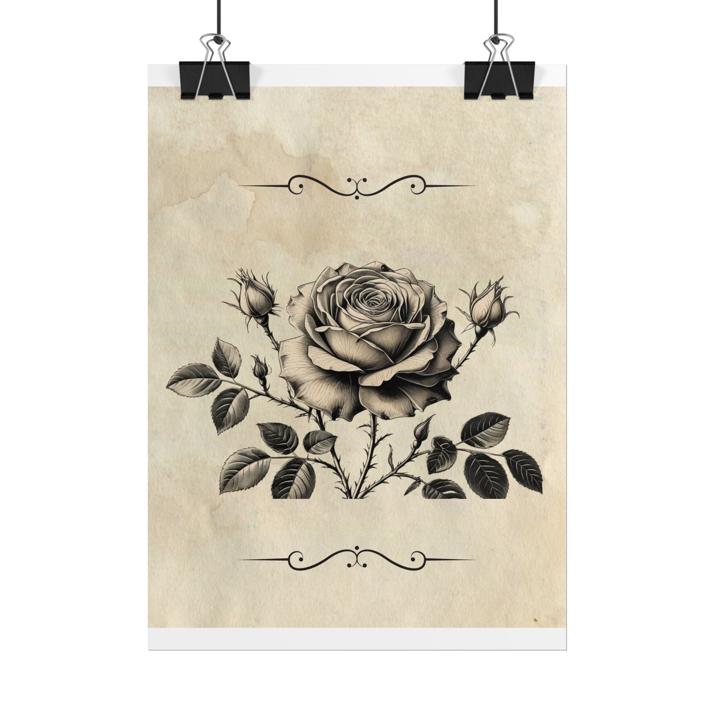 Poster Print - Vintage Black and Grey Rose Design