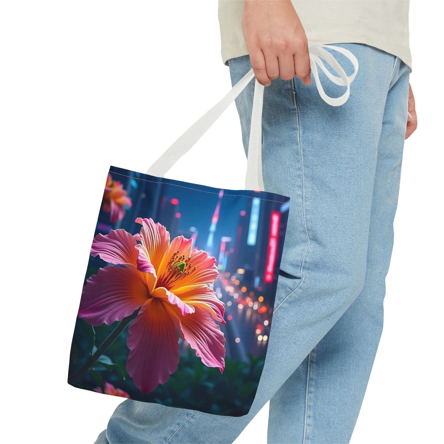 AI-Generated Flower in Neon Cityscape Tote Bag