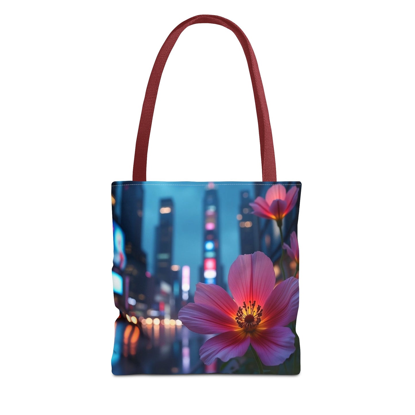 AI-Generated Flower in Neon Cityscape Tote Bag