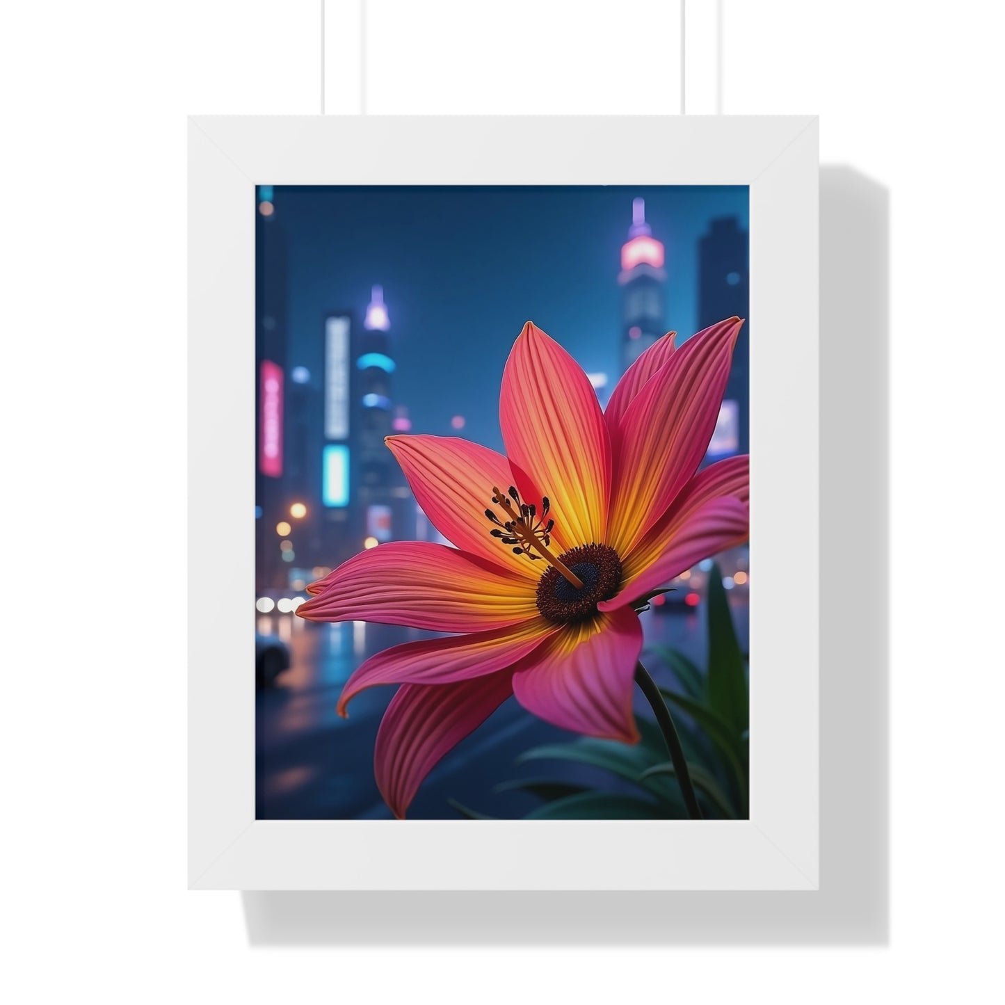 Framed Poster - AI-Generated Vivid Flower and Neon Cityscape Design