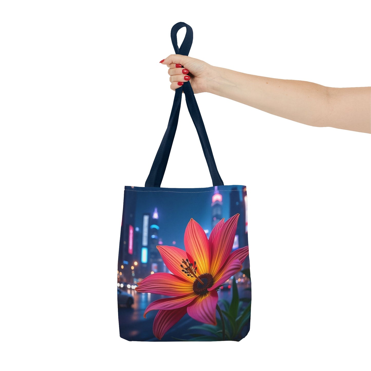 AI-Generated Flower in Neon Cityscape Tote Bag