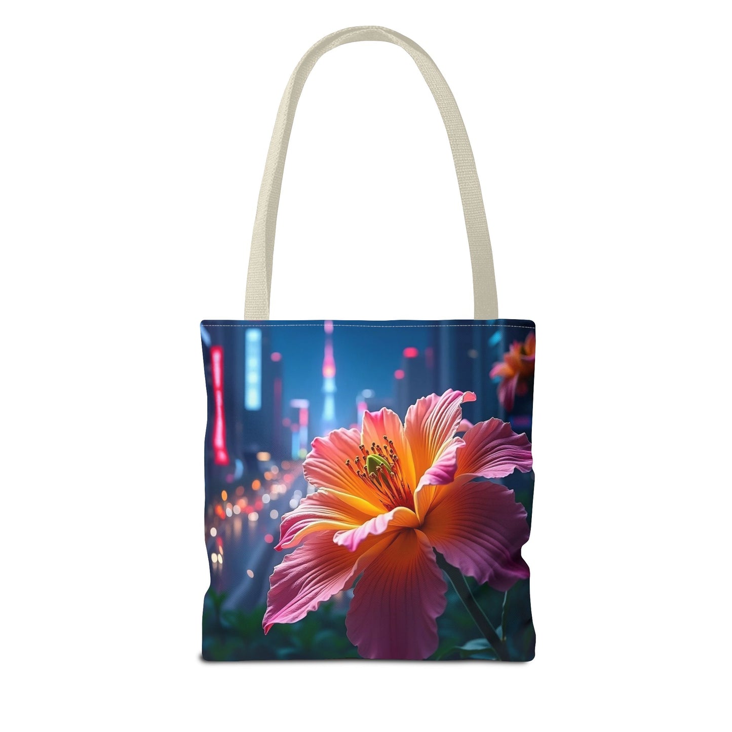 AI-Generated Flower in Neon Cityscape Tote Bag