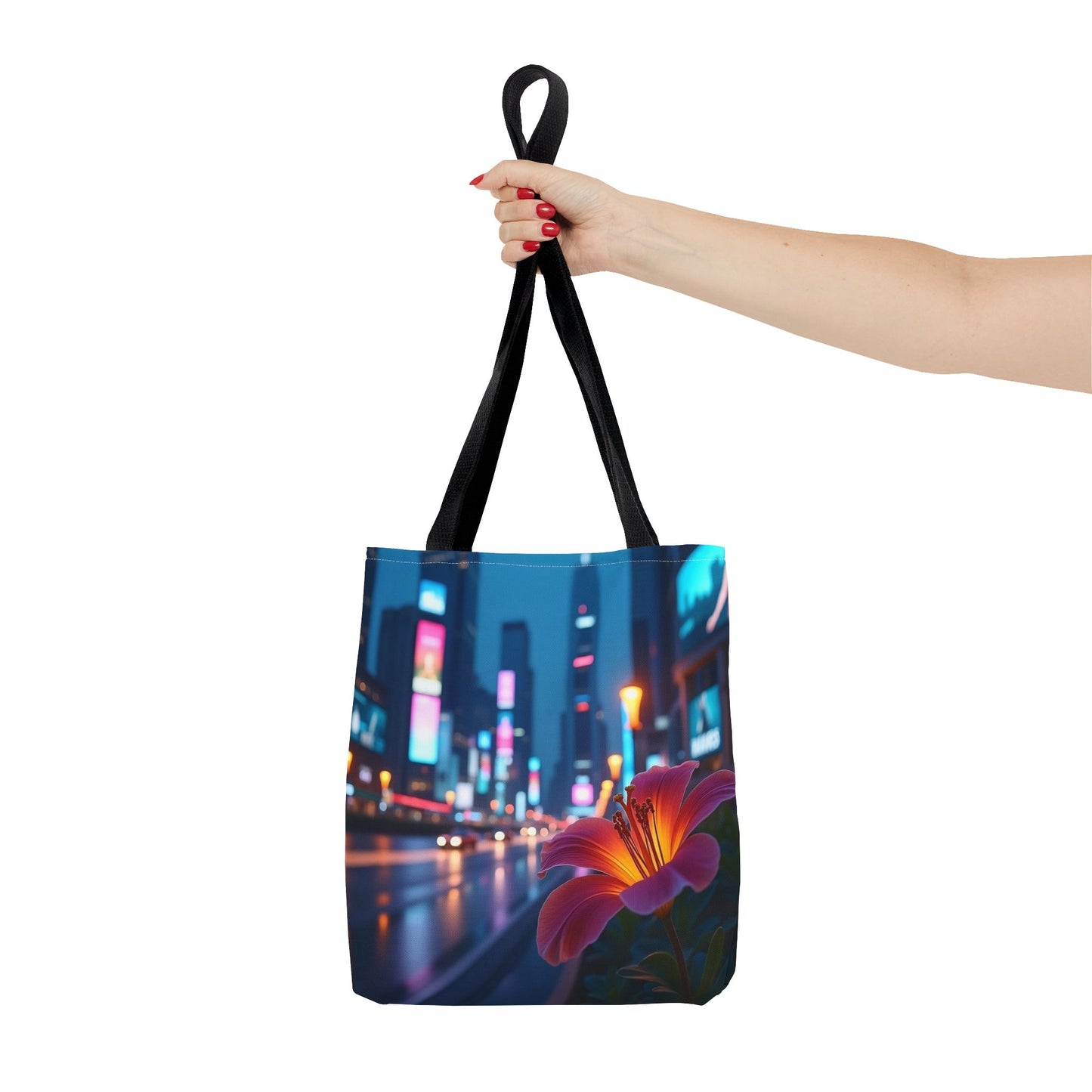 AI-Generated Flower in Neon Cityscape Tote Bag