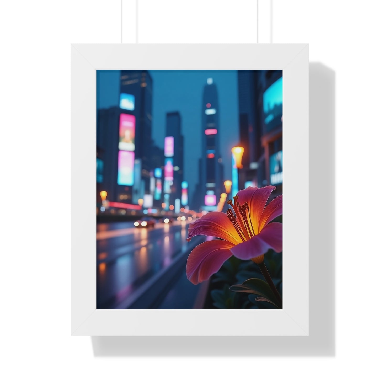 Framed Poster - AI-Generated Vivid Flower and Neon Cityscape Design