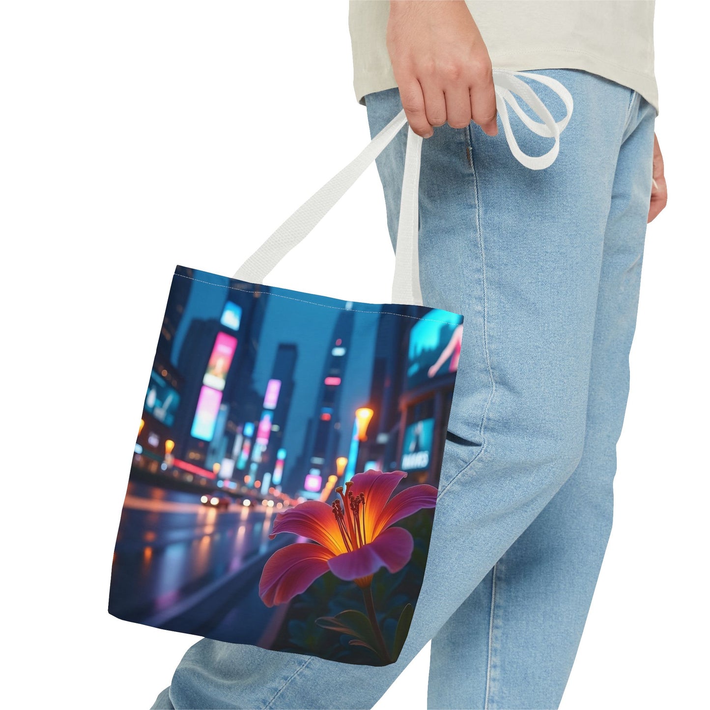 AI-Generated Flower in Neon Cityscape Tote Bag