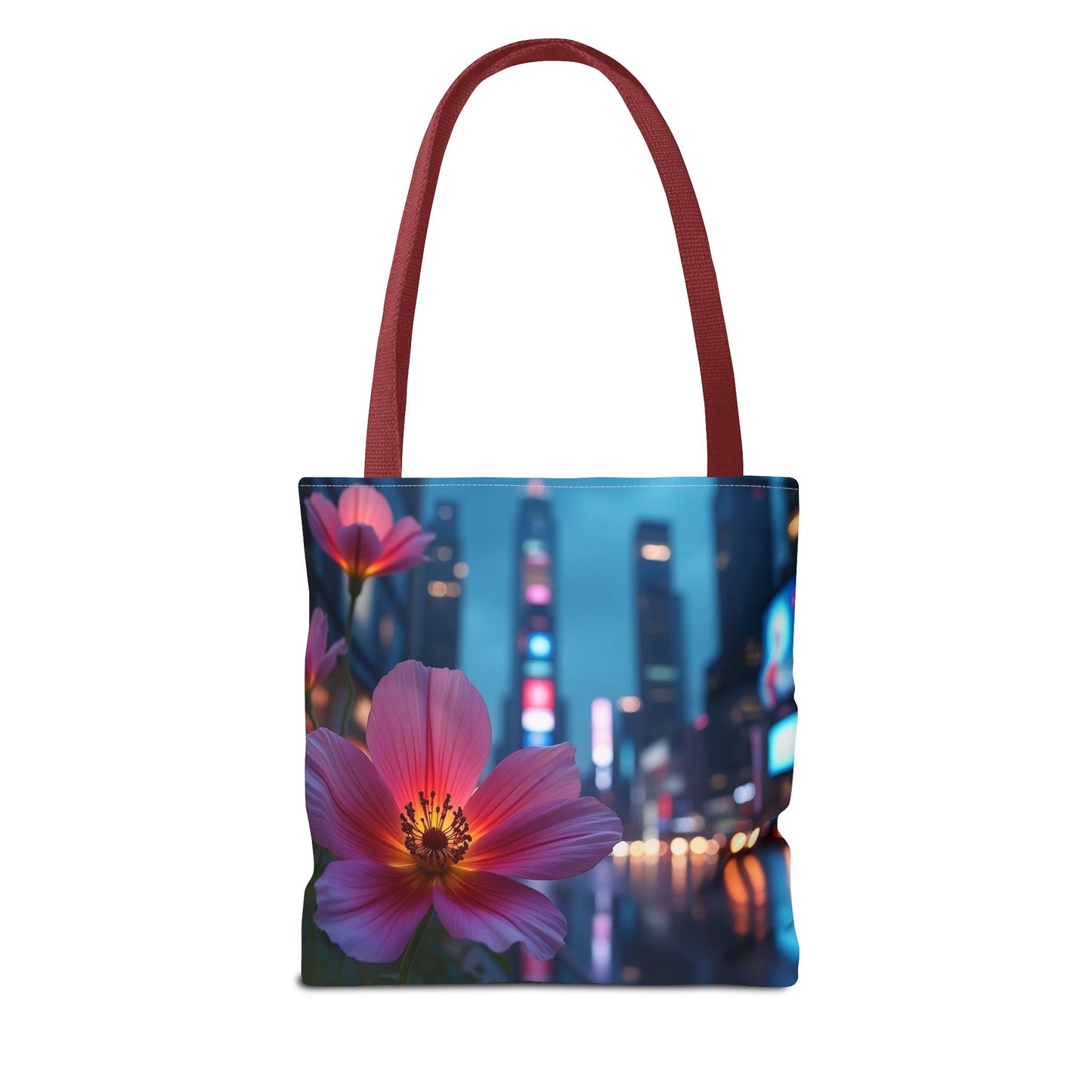 AI-Generated Flower in Neon Cityscape Tote Bag