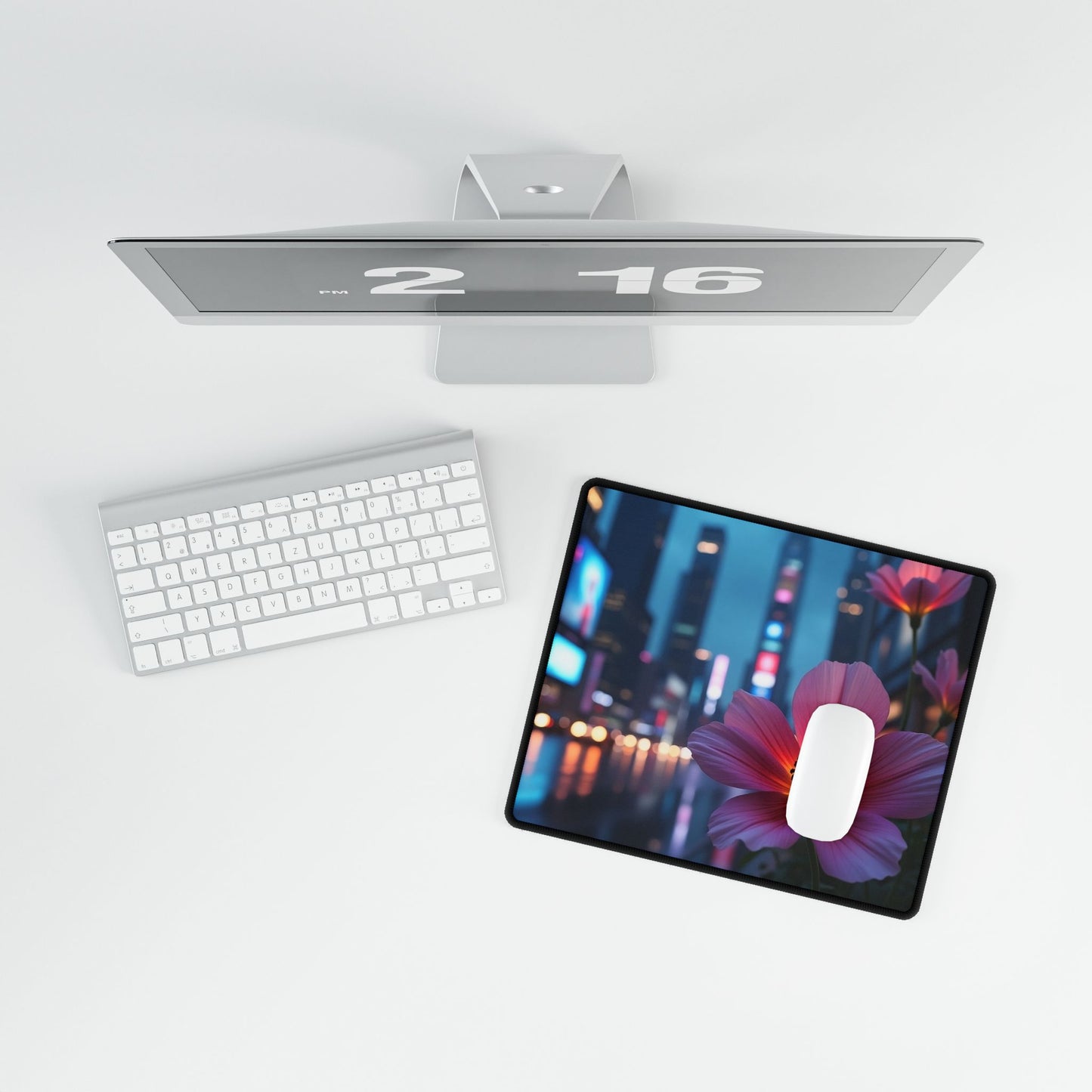 Desk Mat - AI-Generated Vivid Flower in Neon Cityscape