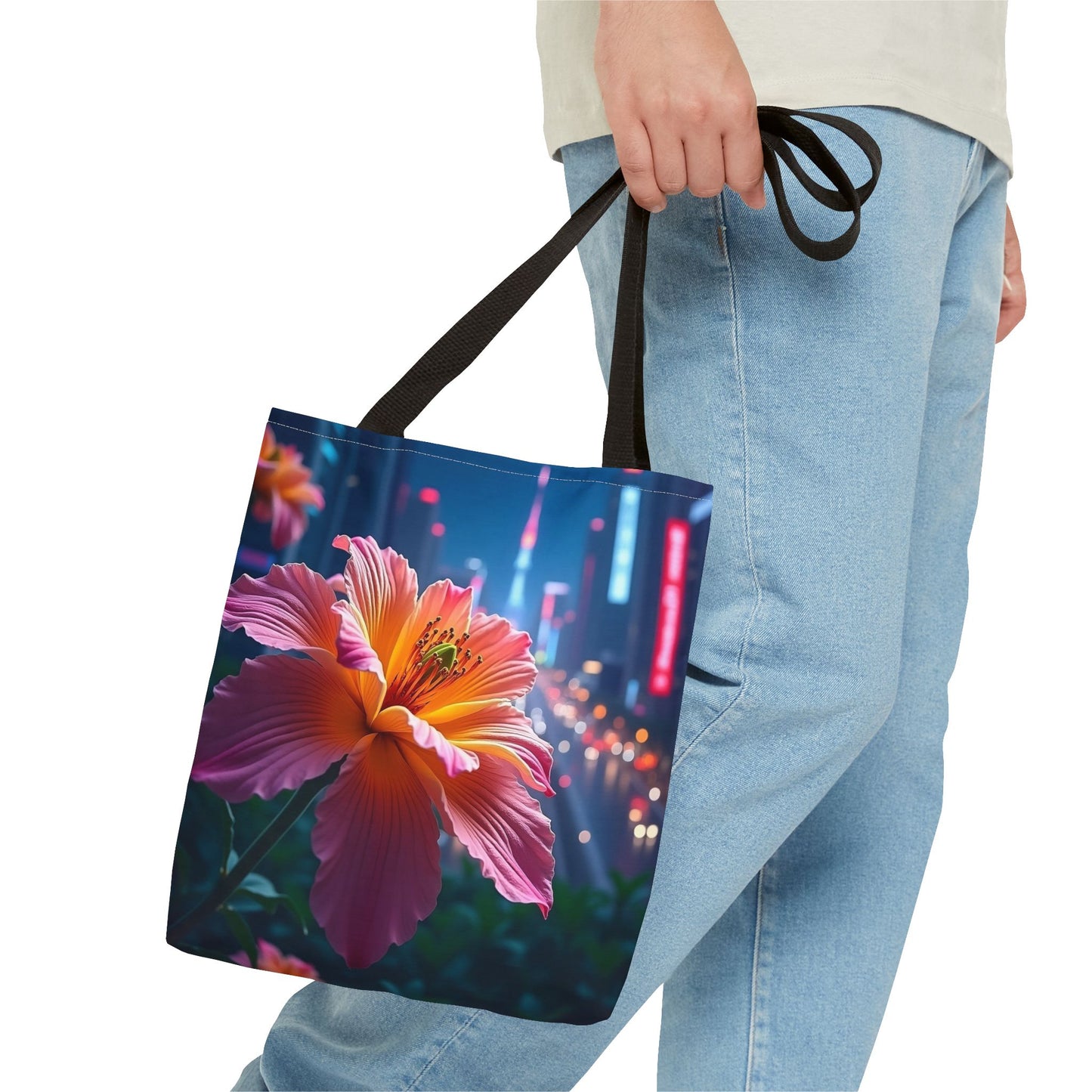 AI-Generated Flower in Neon Cityscape Tote Bag