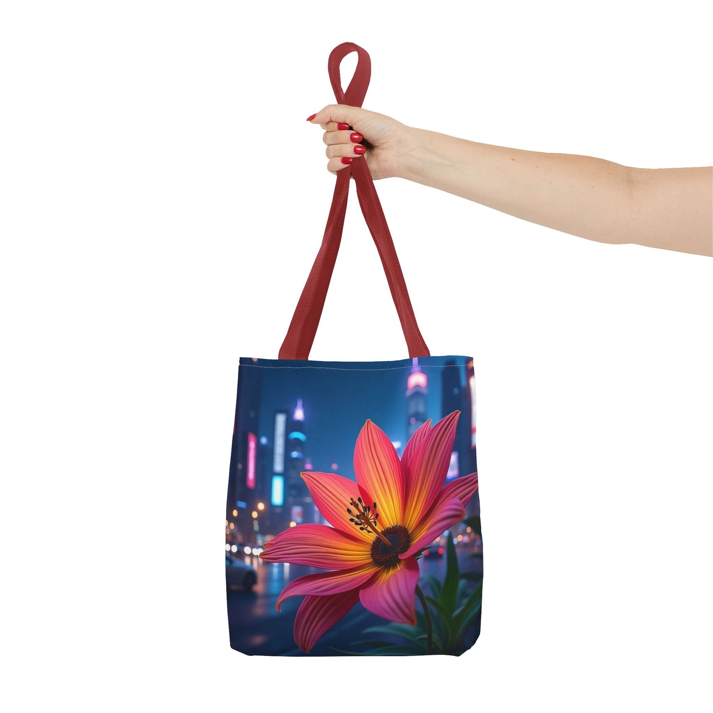 AI-Generated Flower in Neon Cityscape Tote Bag
