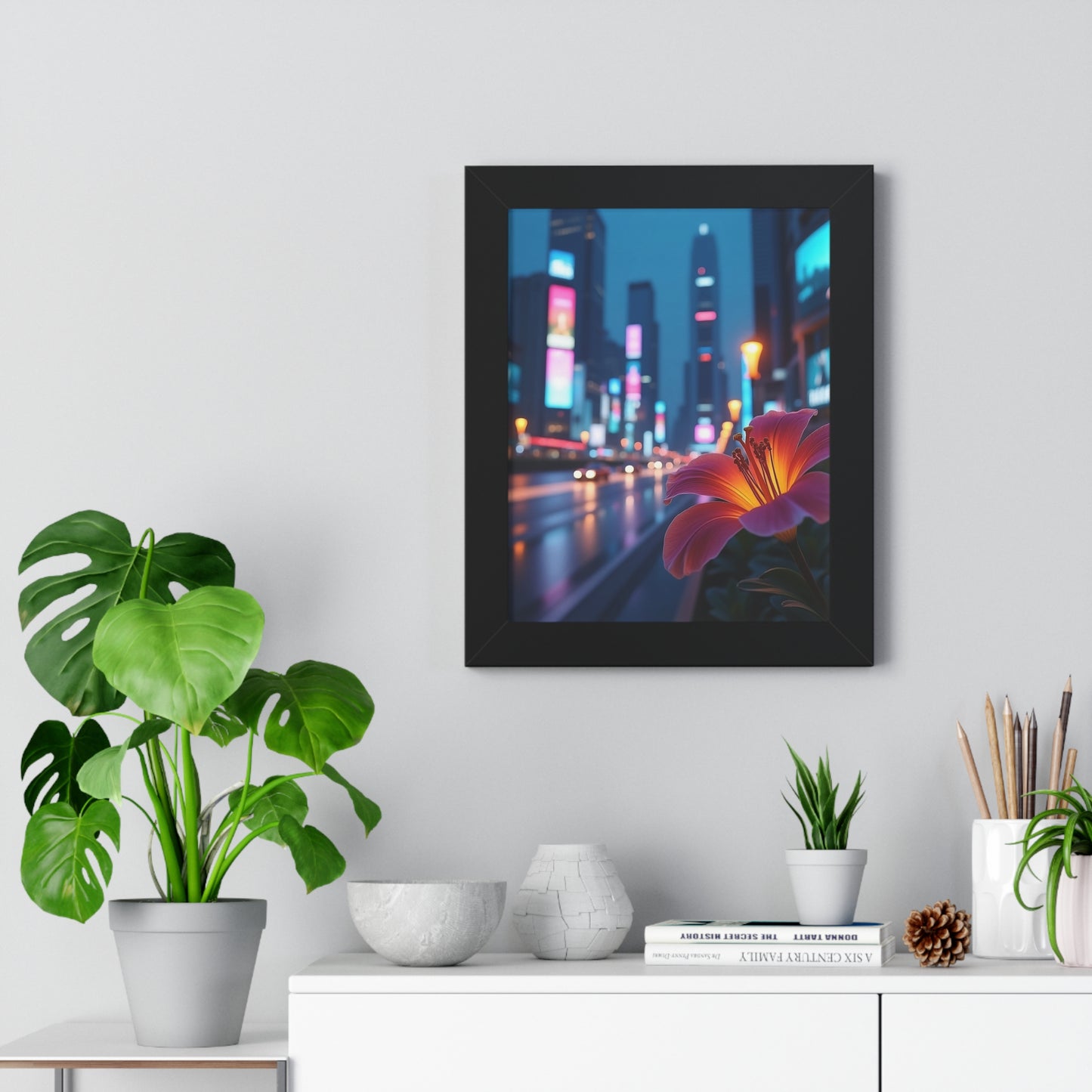 Framed Poster - AI-Generated Vivid Flower and Neon Cityscape Design