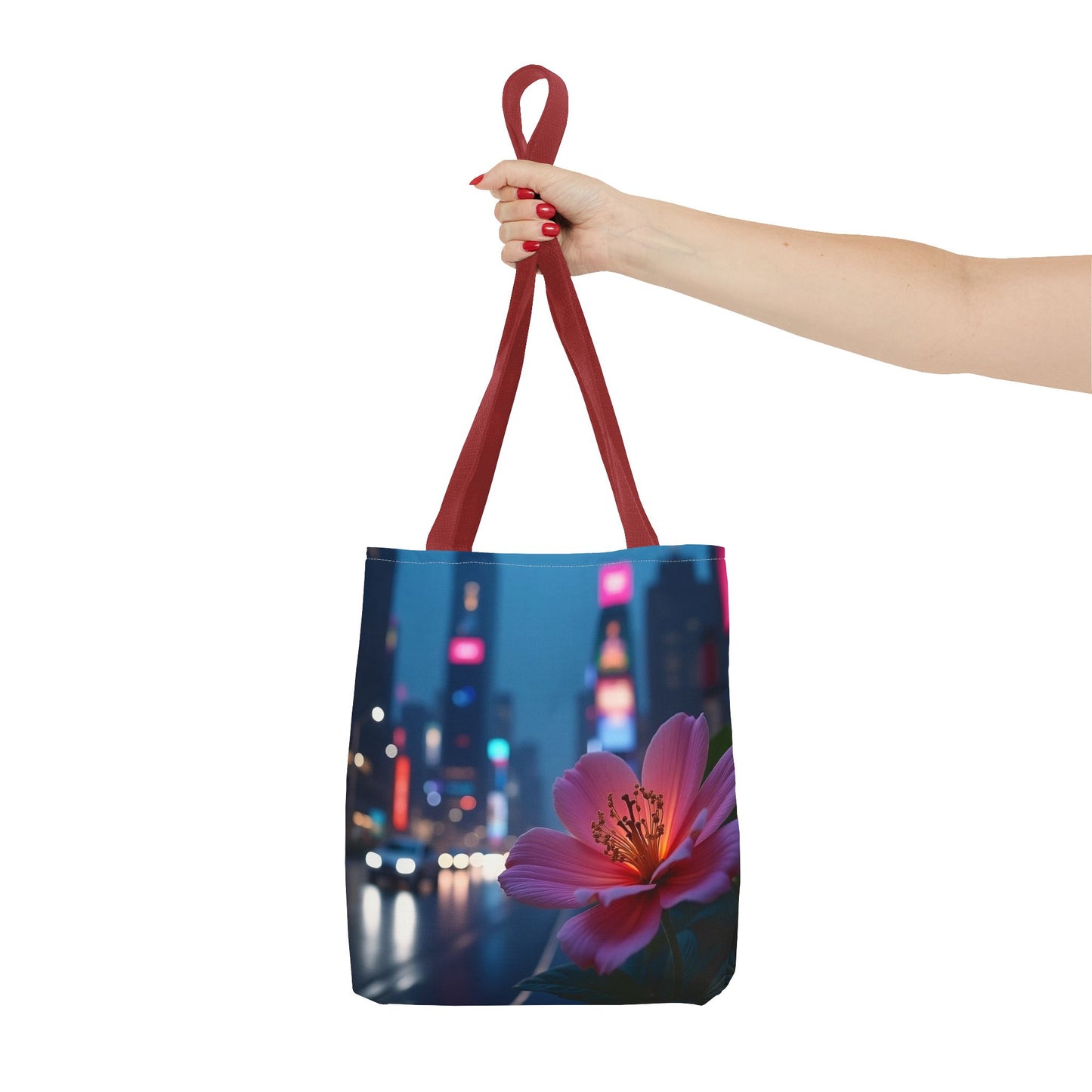AI-Generated Flower in Neon Cityscape Tote Bag