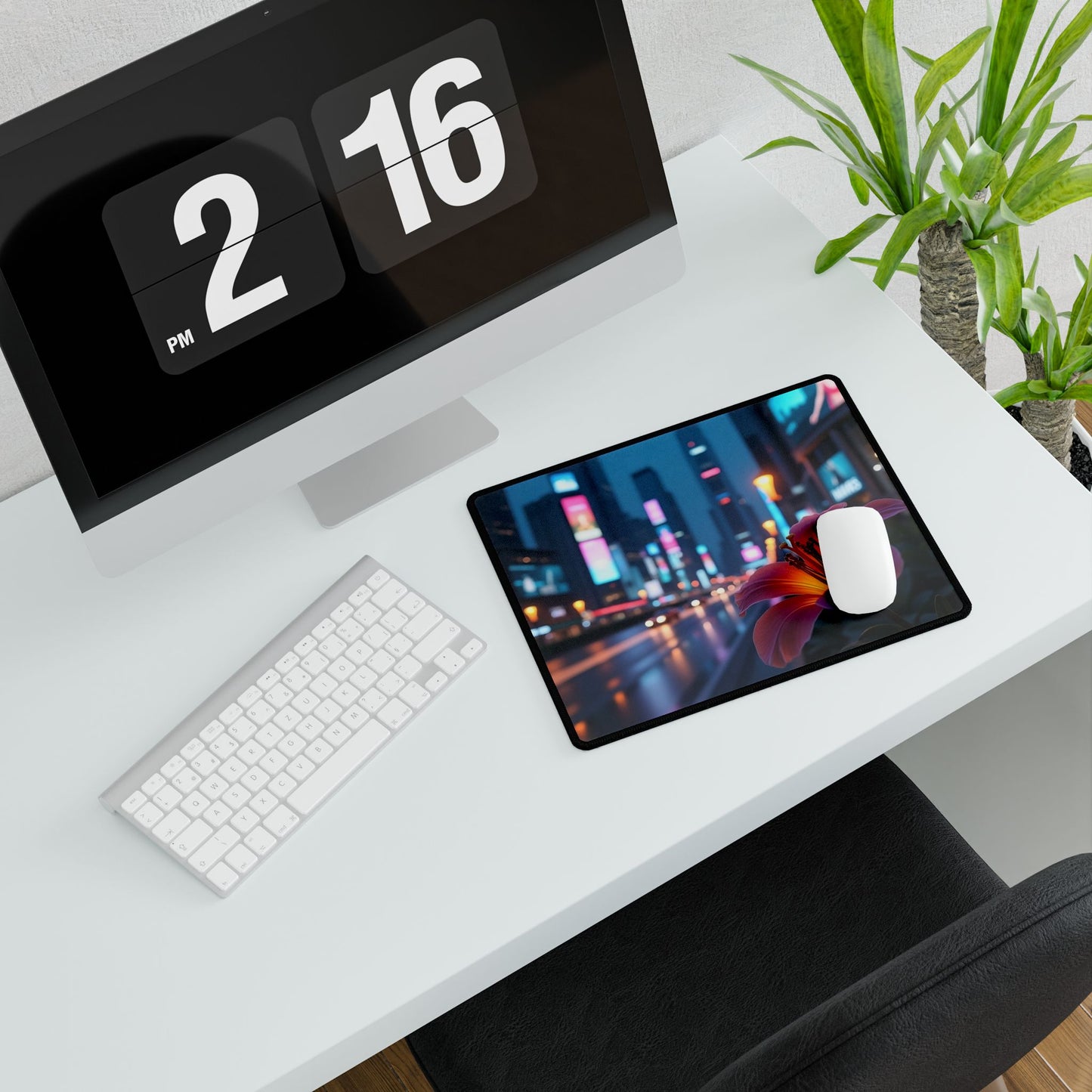 Desk Mat - AI-Generated Vivid Flower with Neon Cityscape Background