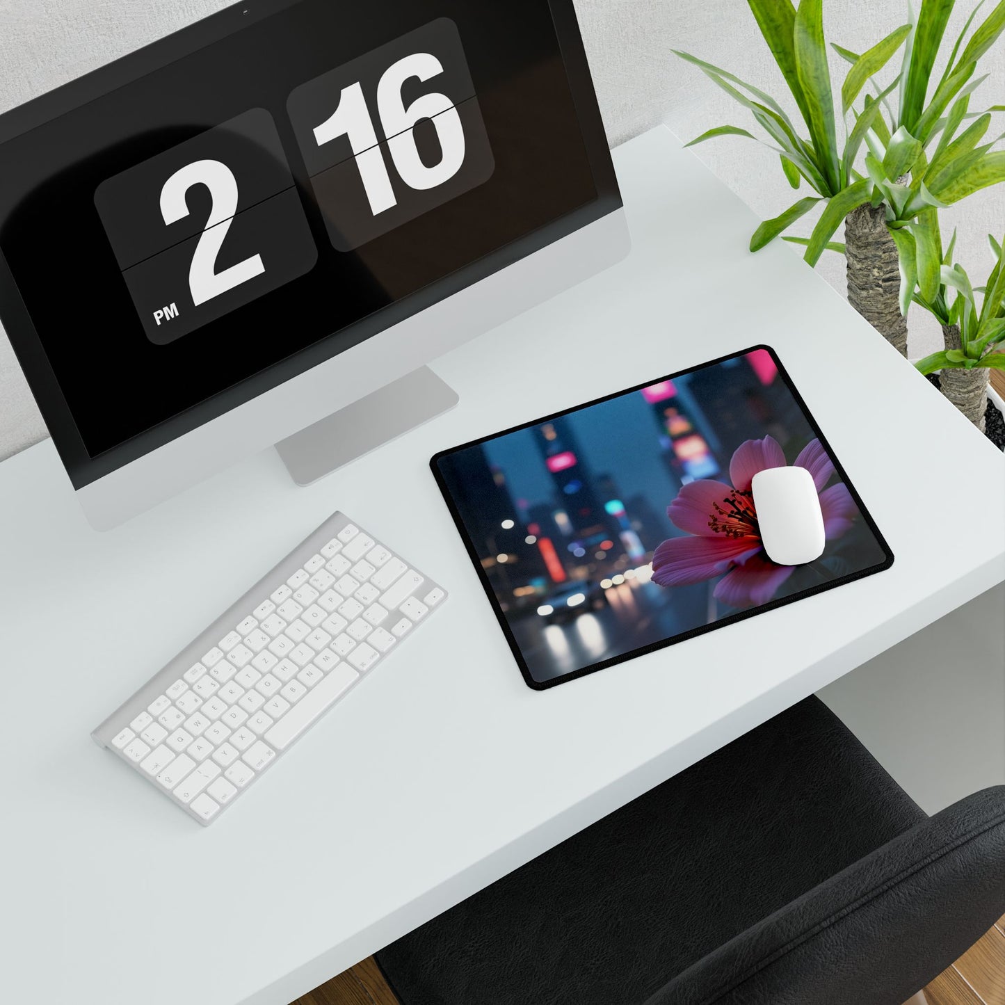 Desk Mat - AI-Generated Vivid Flower with Neon Cityscape Background