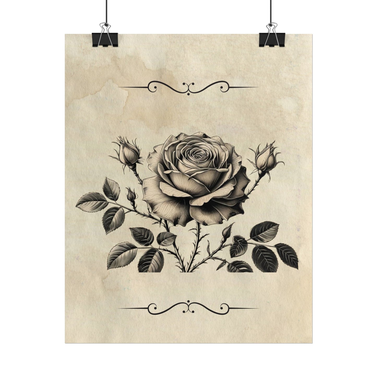 Poster Print - Vintage Black and Grey Rose Design