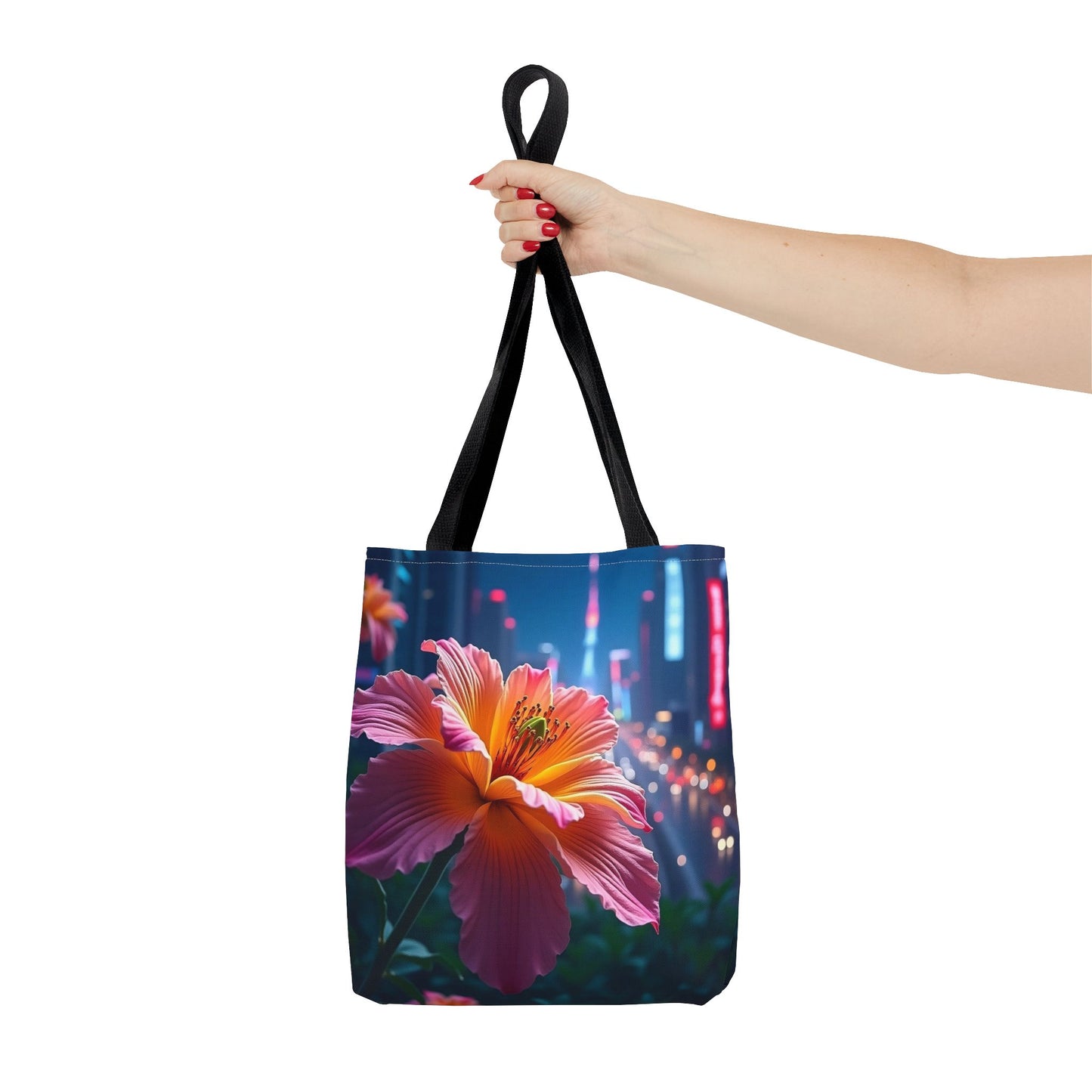AI-Generated Flower in Neon Cityscape Tote Bag