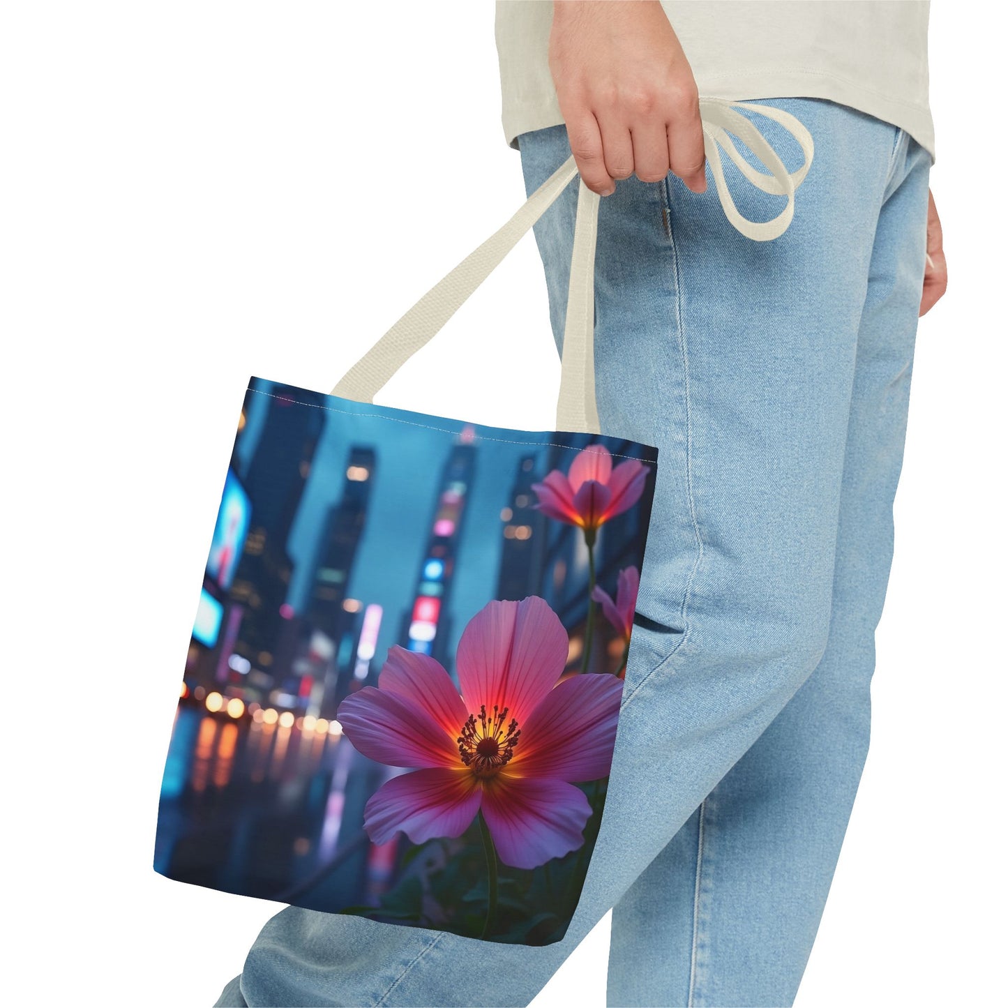 AI-Generated Flower in Neon Cityscape Tote Bag