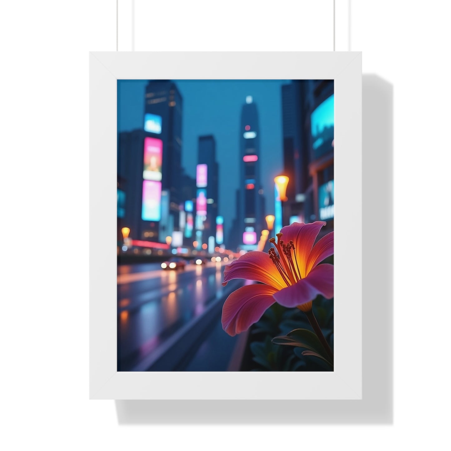 Framed Poster - AI-Generated Vivid Flower and Neon Cityscape Design