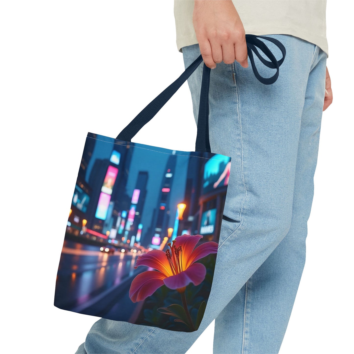AI-Generated Flower in Neon Cityscape Tote Bag