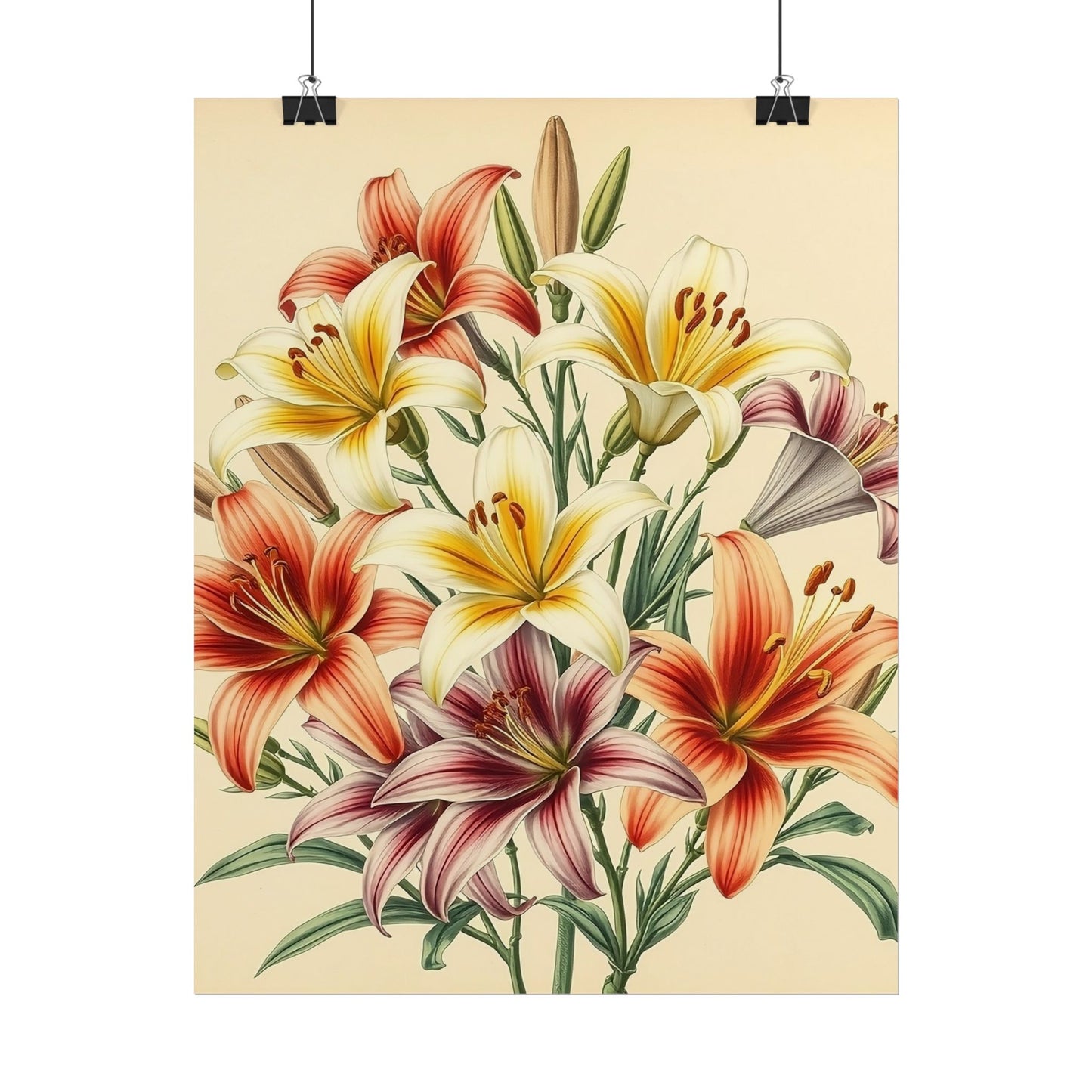 Poster Print - Vintage Red Yellow Orange Lilies