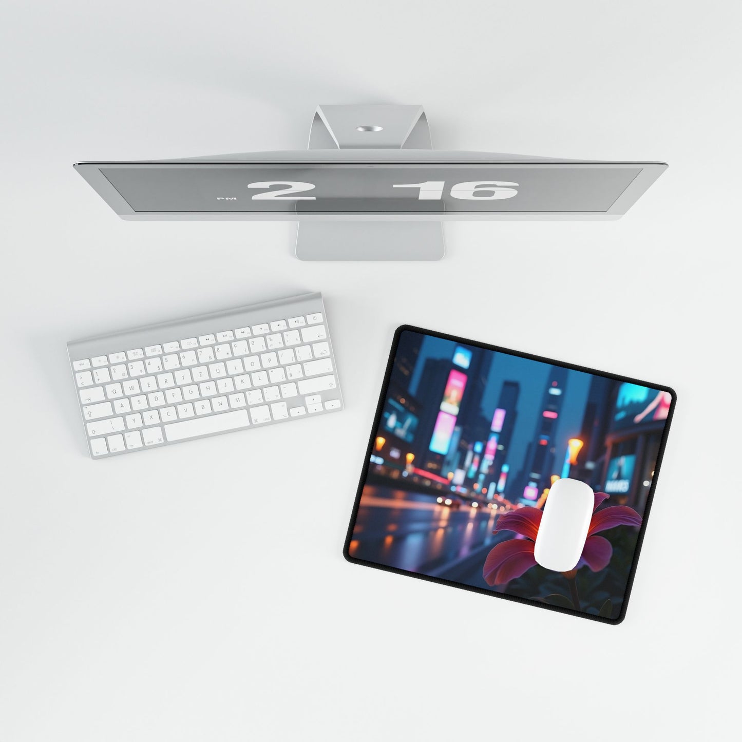Desk Mat - AI-Generated Vivid Flower with Neon Cityscape Background