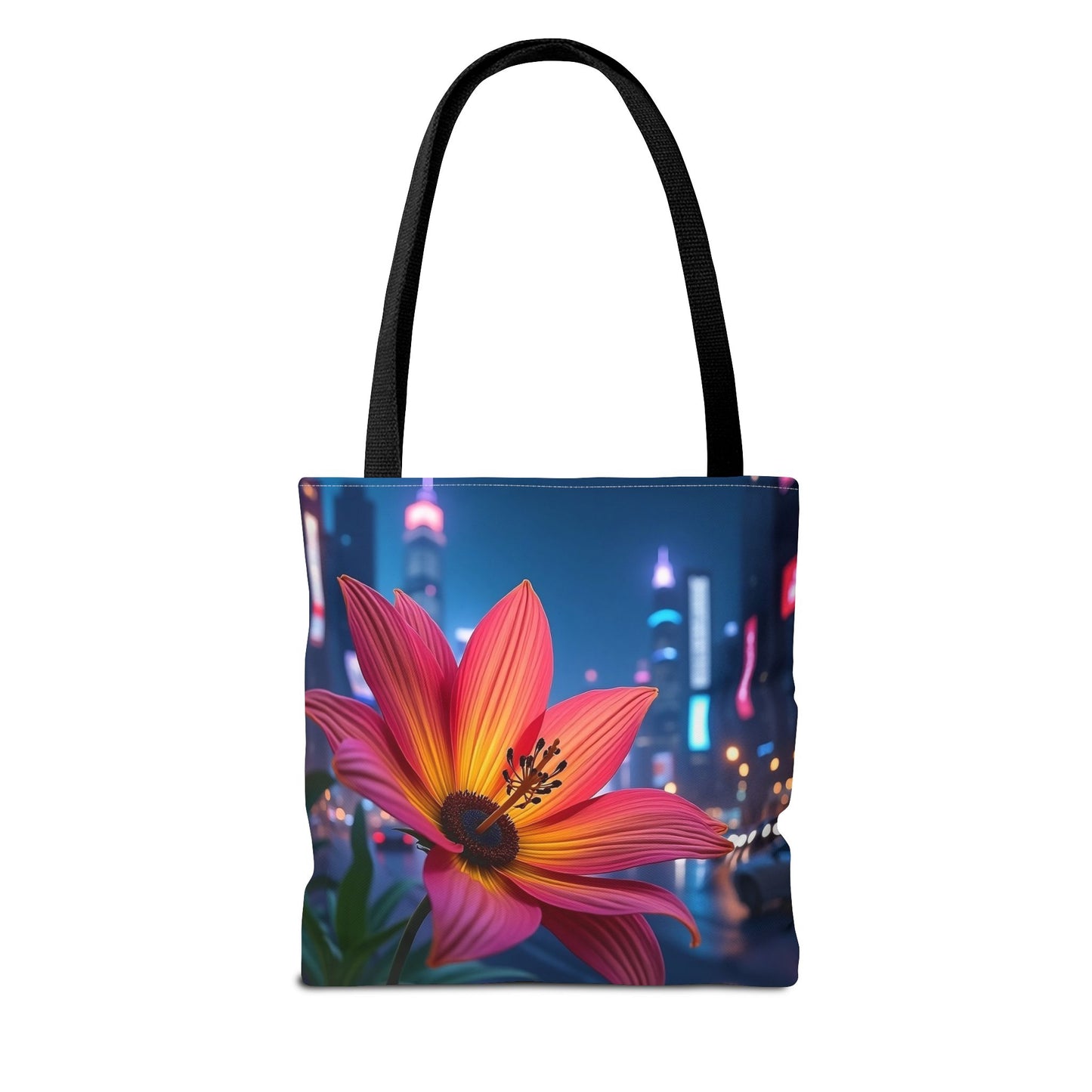 AI-Generated Flower in Neon Cityscape Tote Bag