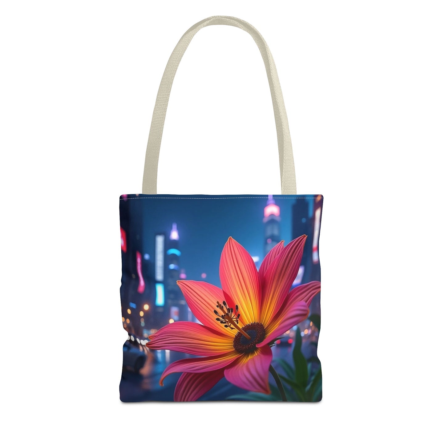 AI-Generated Flower in Neon Cityscape Tote Bag