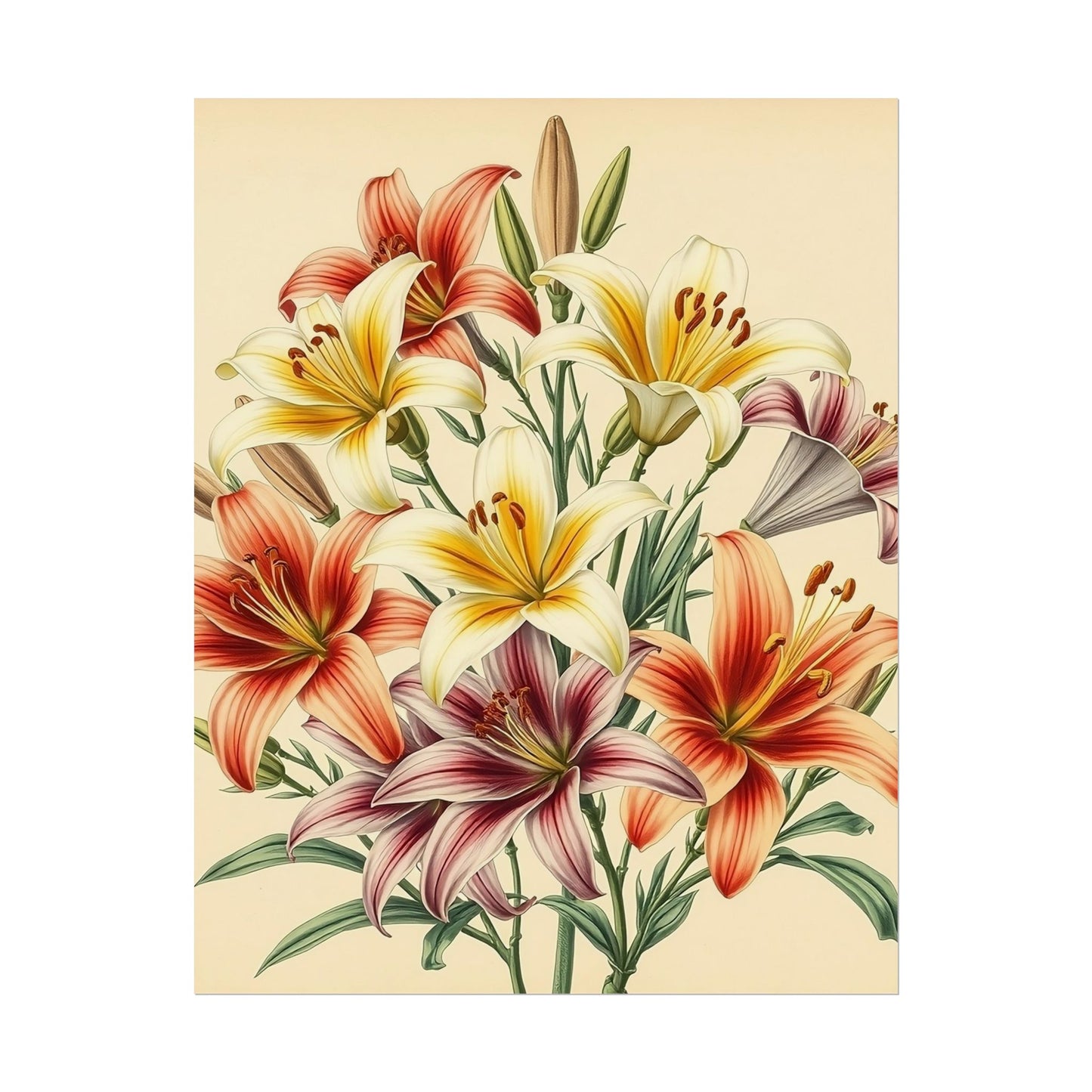 Poster Print - Vintage Red Yellow Orange Lilies
