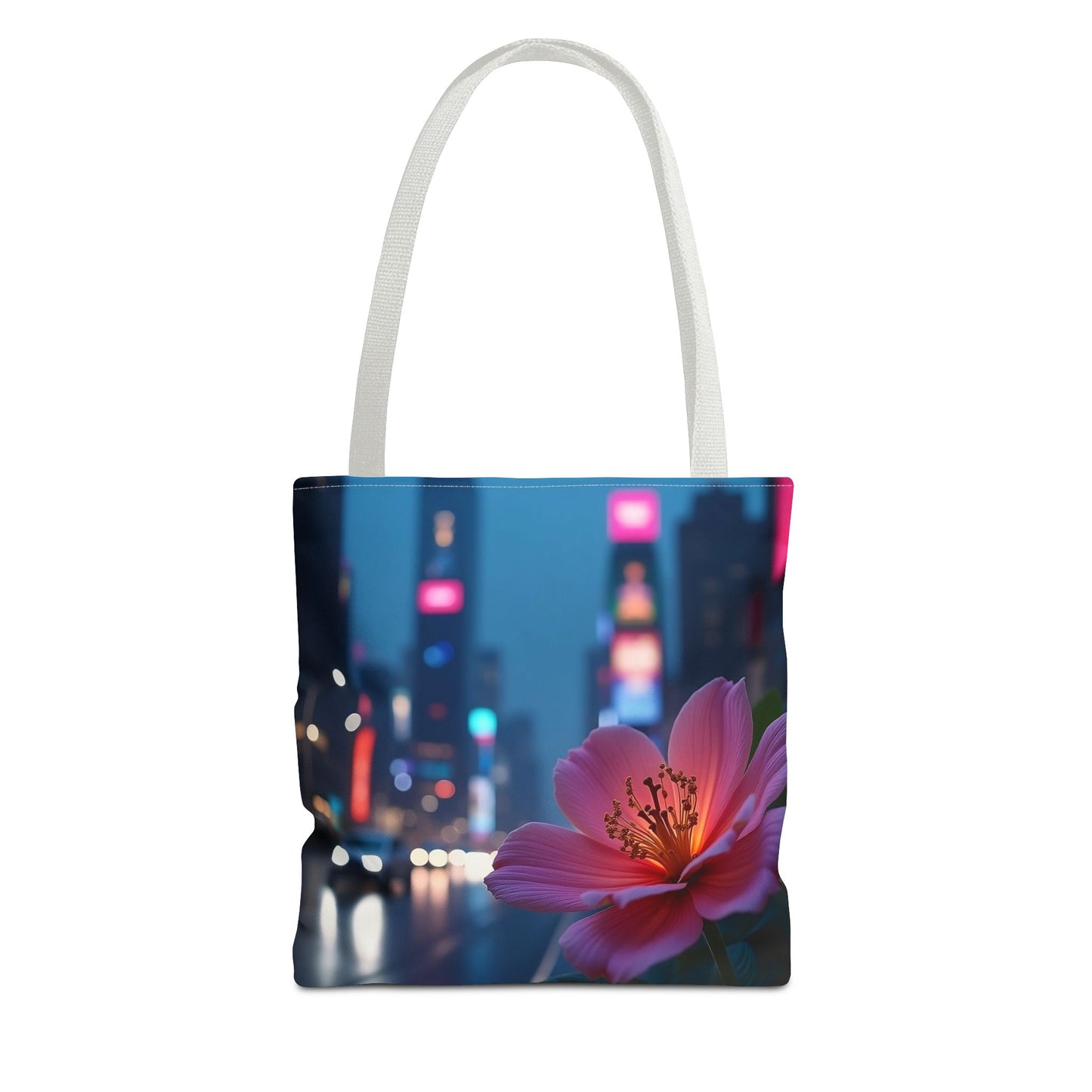AI-Generated Flower in Neon Cityscape Tote Bag