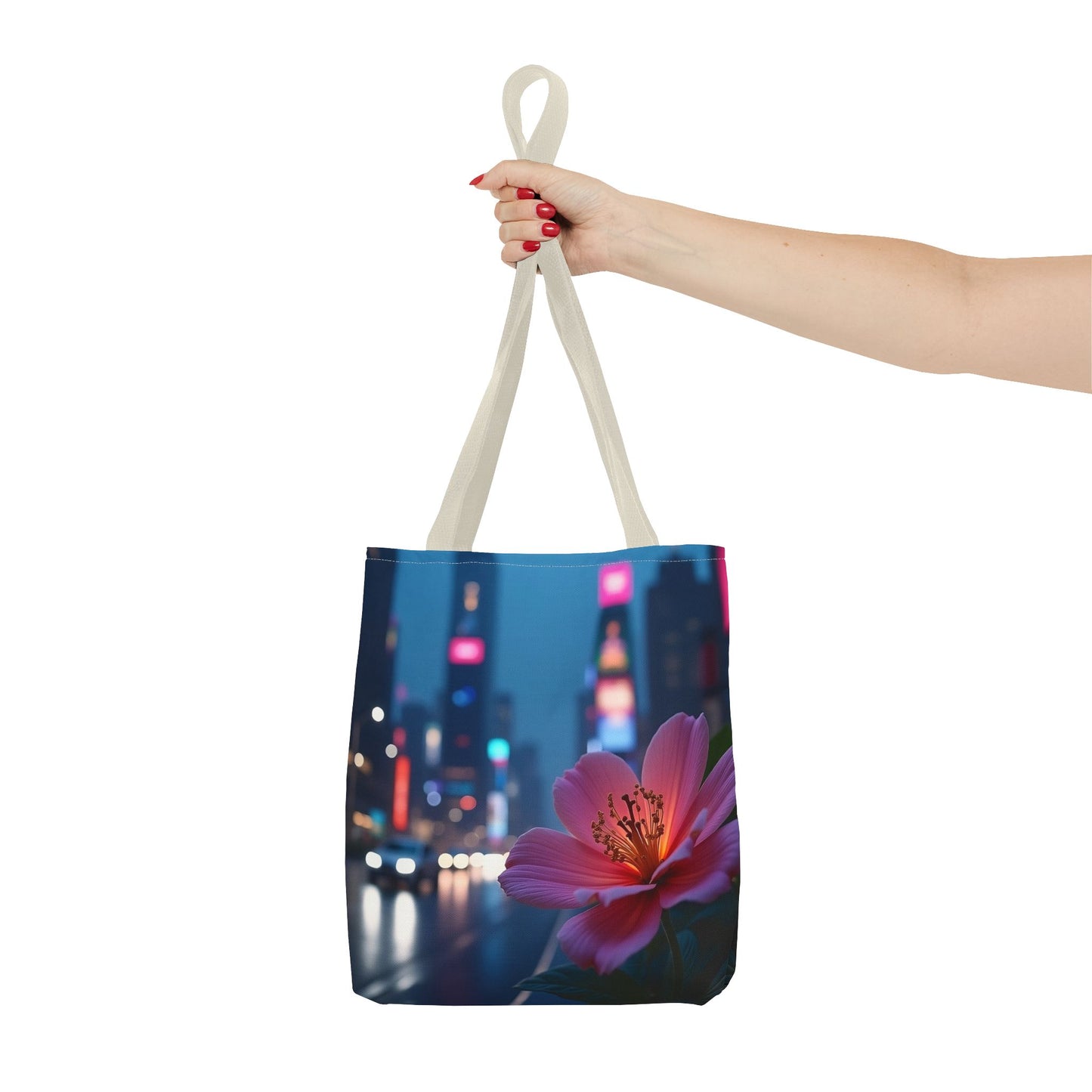 AI-Generated Flower in Neon Cityscape Tote Bag