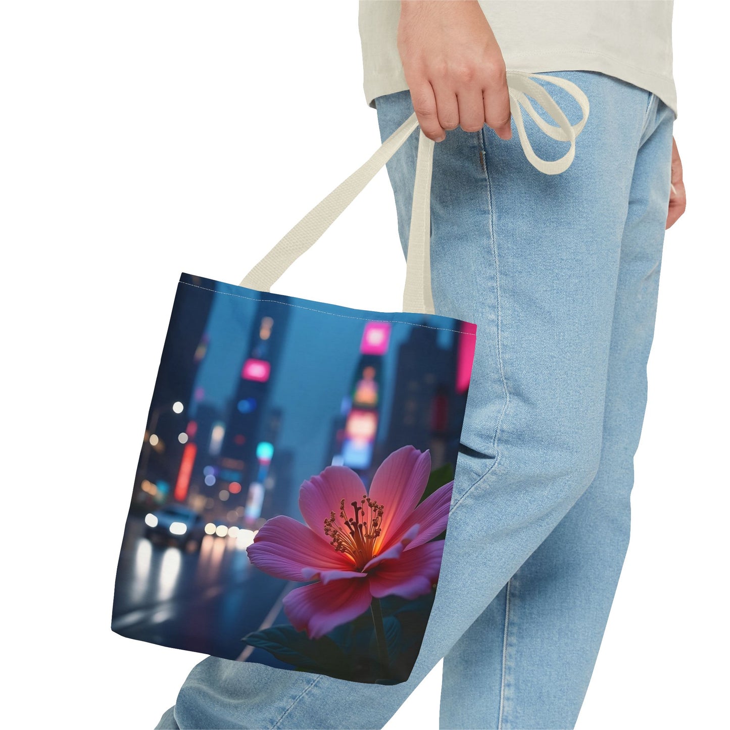 AI-Generated Flower in Neon Cityscape Tote Bag