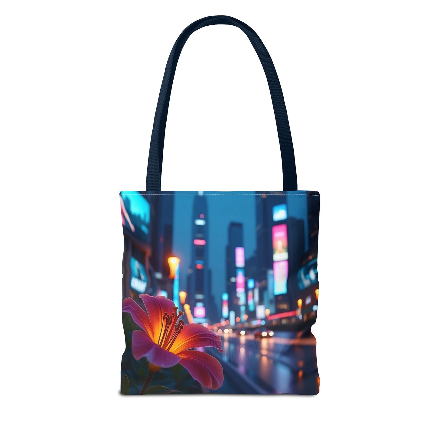 AI-Generated Flower in Neon Cityscape Tote Bag